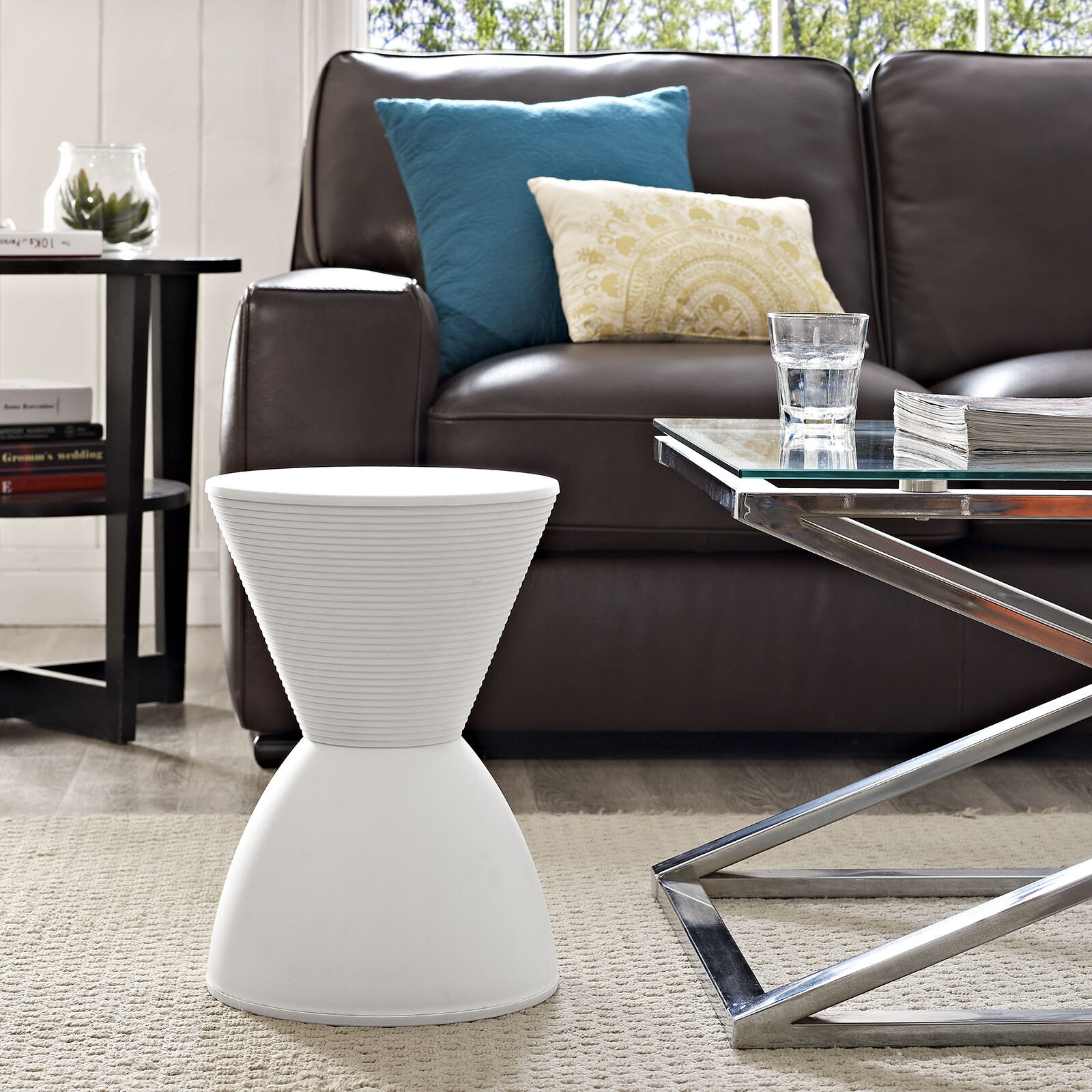 Contemporary Modern Hourglass PP Plastic White Accent Side Table Storage Stool