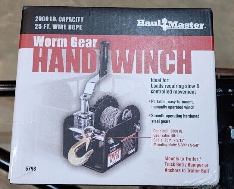NEW 2000 lb., 1 Ton Capacity 25 ft. Cable Worm Gear Hand Winch FREE SHIPPING