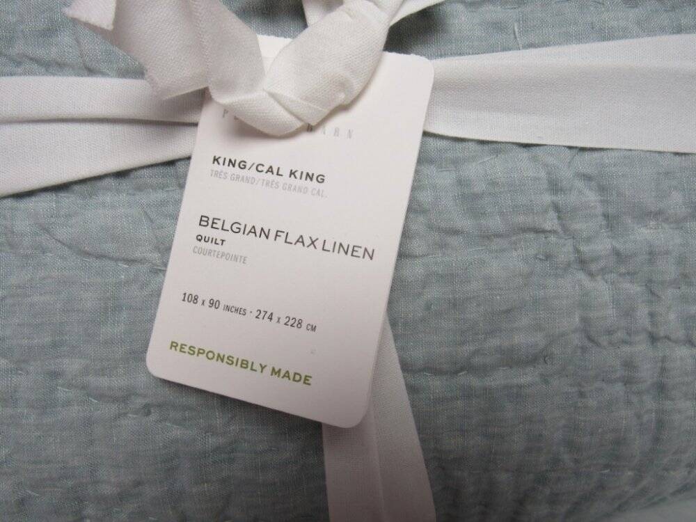 Pottery Barn Belgian Flax Linen Handcrafted Quilt King/Cal.King Mineral Blue NWT