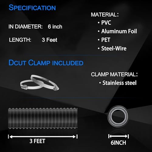 TEAIERXY 6 Inch 3 Feet Dryer Vent Hose,Flexible Insulated Air Ducting,Vent