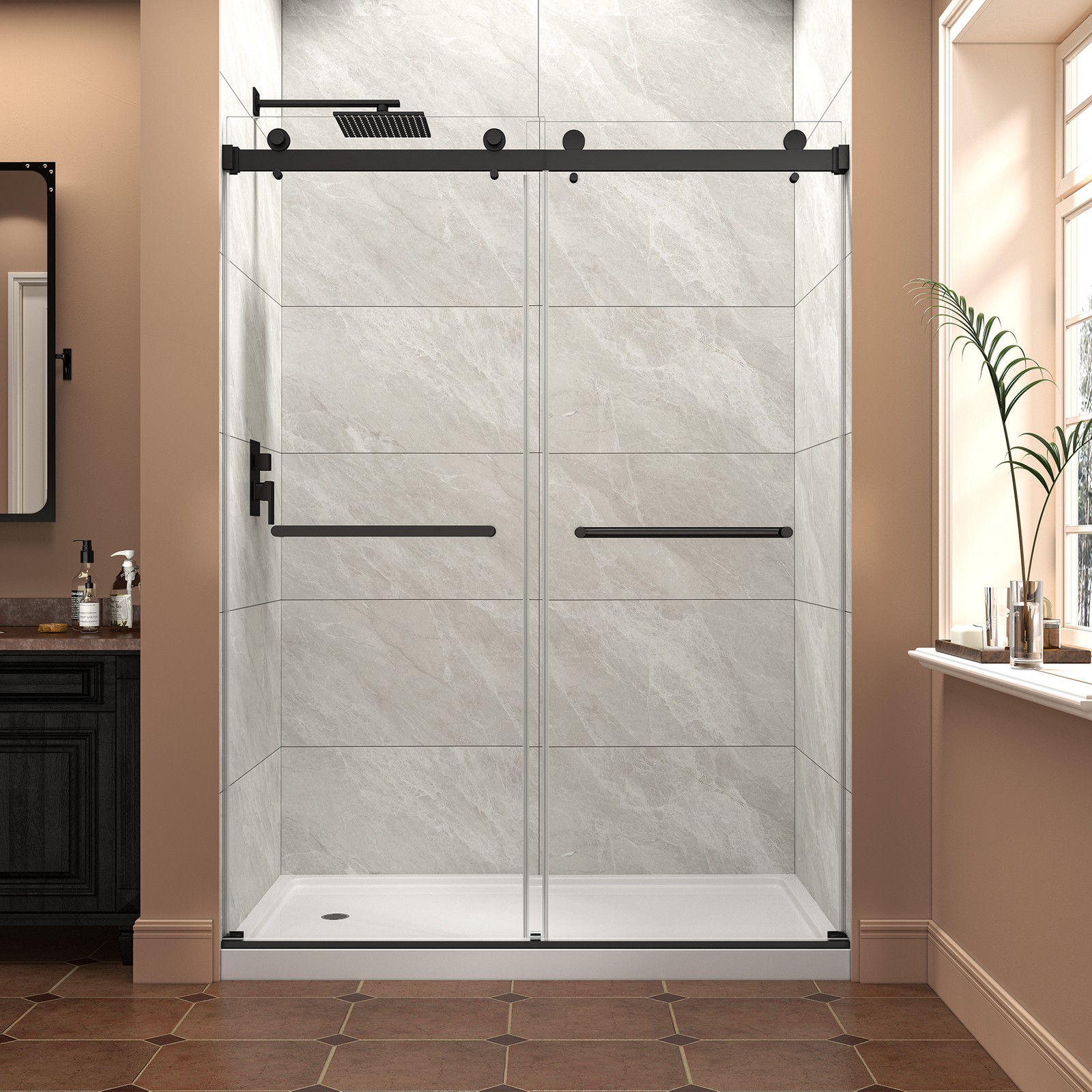 Matte Black Frameless Reversible Double Bypass Sliding Shower Door 55-60×76 in