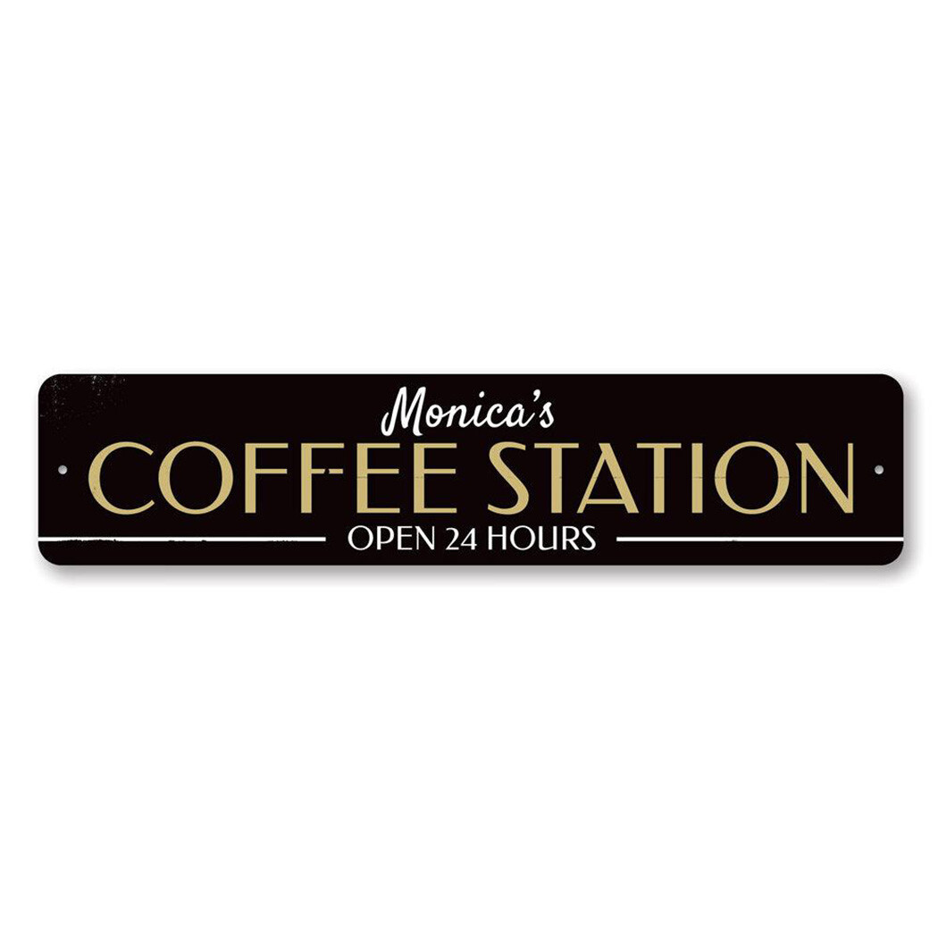 Personalized Coffee Station Open 24 Hours Kitchen Metal Decor Sign