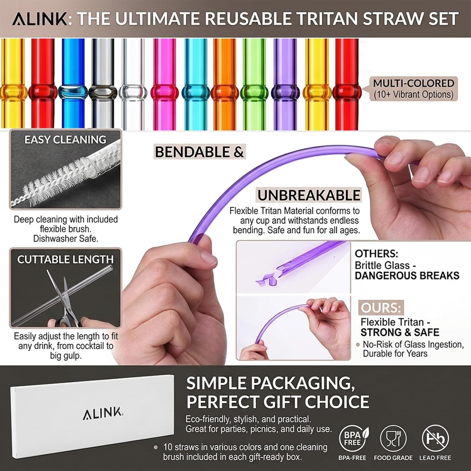 10.5in Rainbow Reusable Tritan Straws for 16/20/30oz Stanley YETI Tumblers NEW