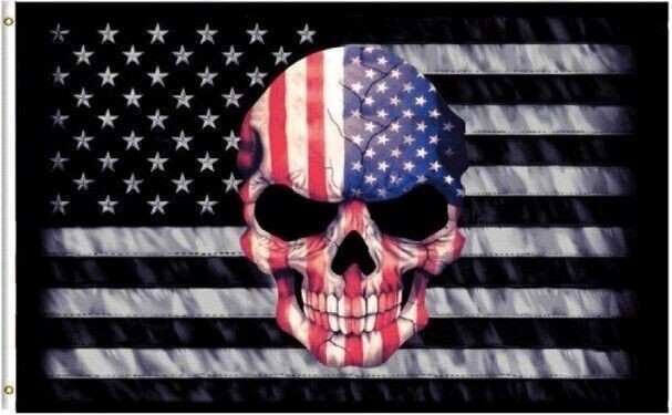 3′ x 5′ Black & White American Flag w/USA Skull – Polyester w/metal Grommets