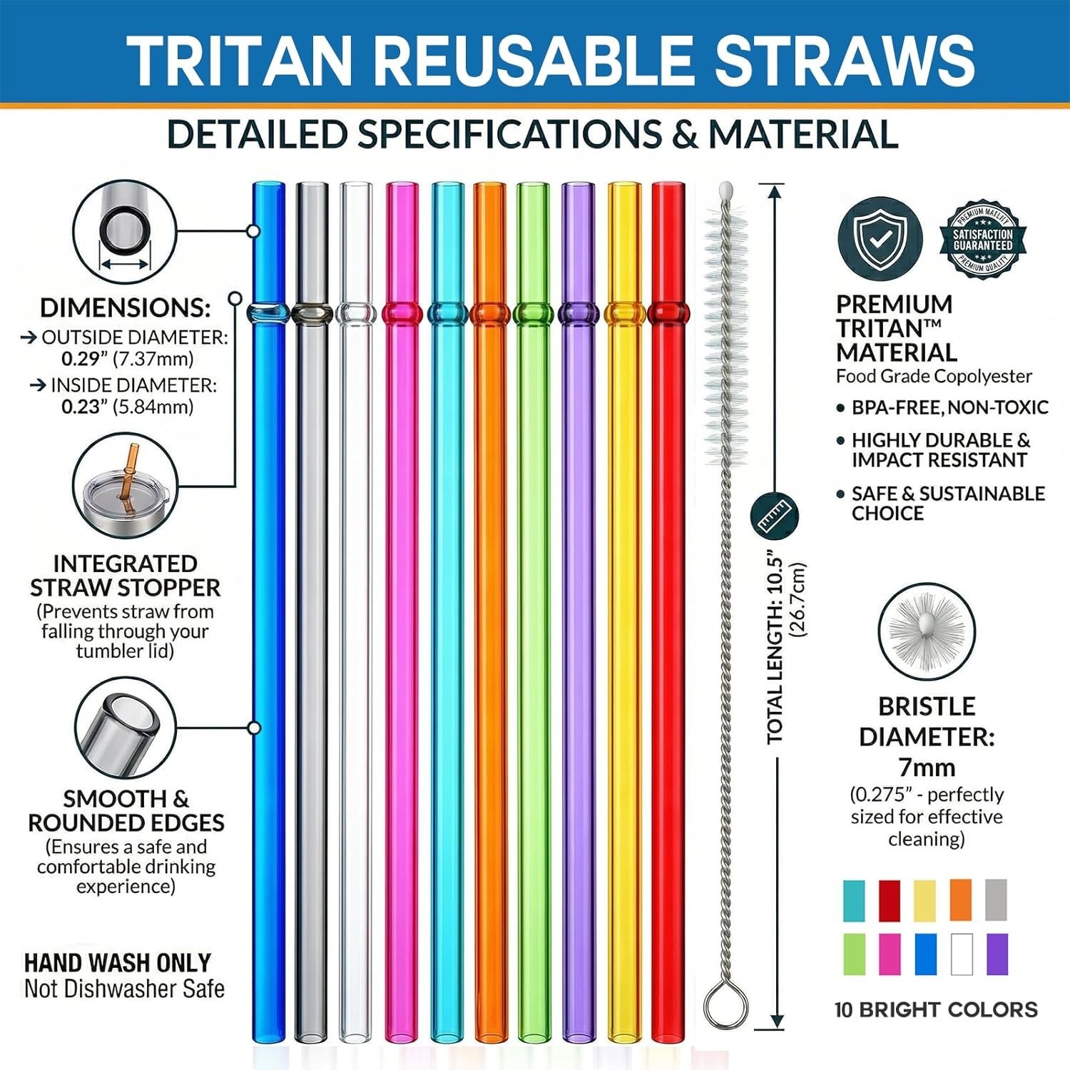 10.5in Rainbow Reusable Tritan Straws for 16/20/30oz Stanley YETI Tumblers NEW