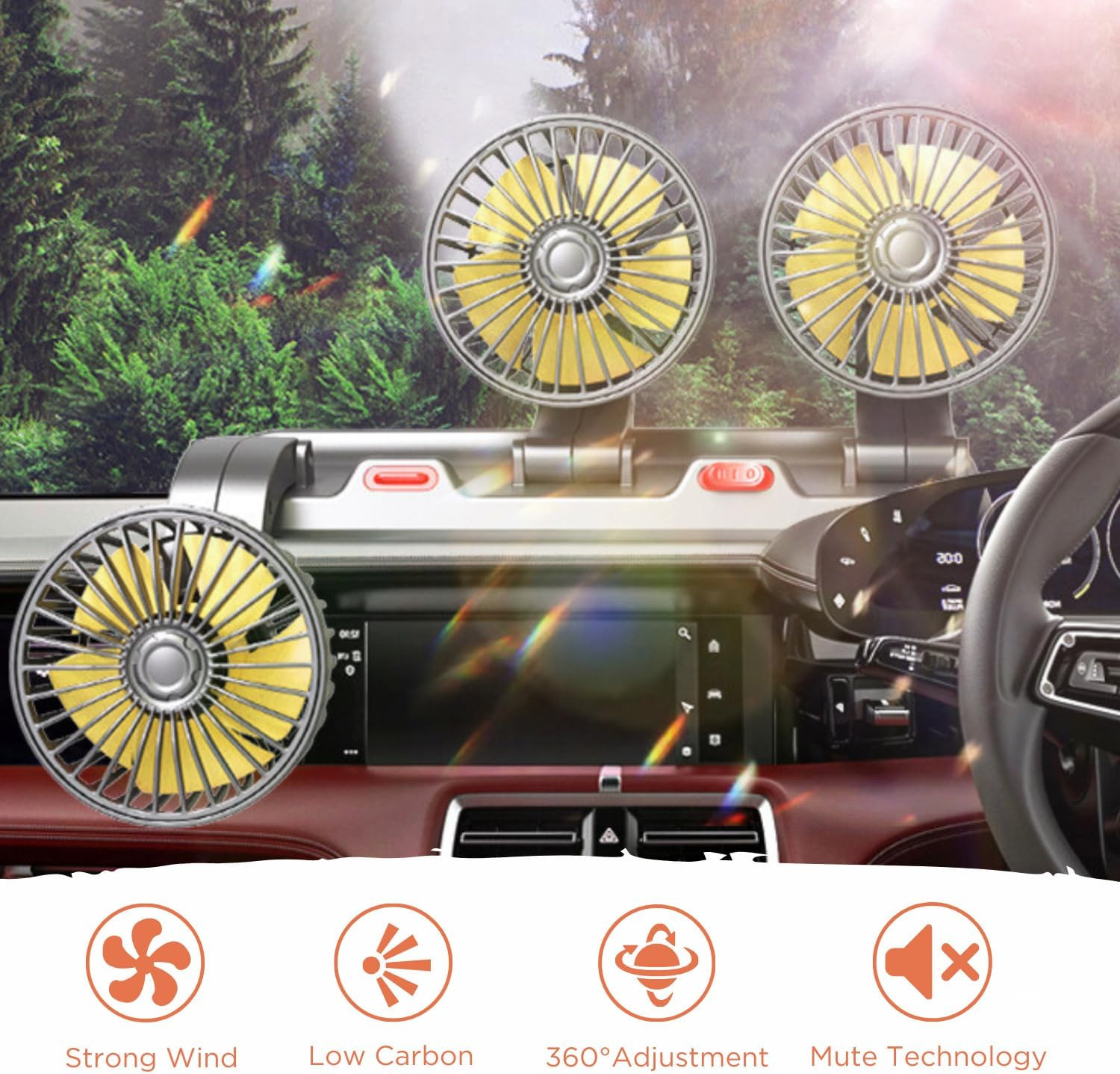 Crethinkaty 12V Car Cooling Three-Head Fan, 360° Rotation, 2-Speed Adjustable, 5