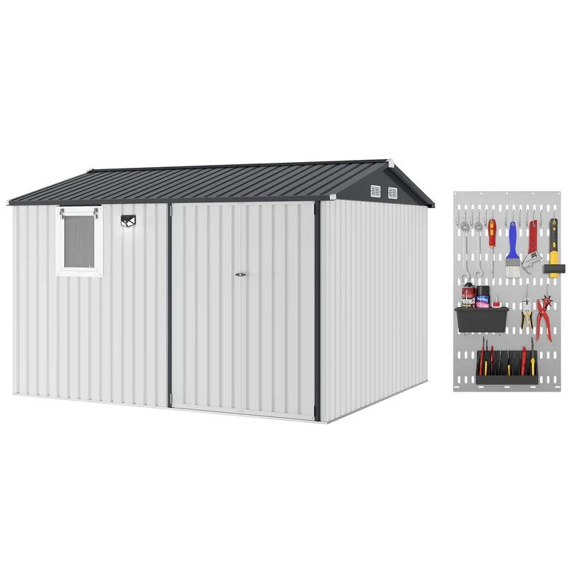Garvee 10x8ft Metal Storage Shed LED Light Pegboard Lockable Double Doors Patio