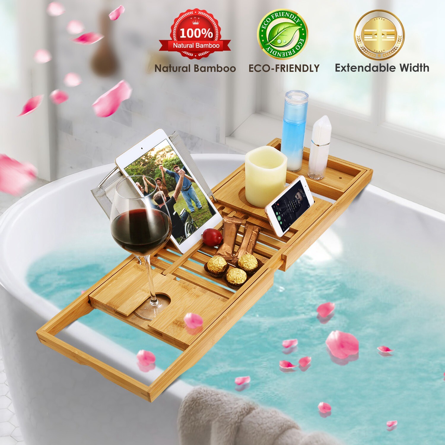 Bathtub Caddy Bamboo Bath Tub Rack Tray & Bath Pillow Cloth/Book/Tablet Holder