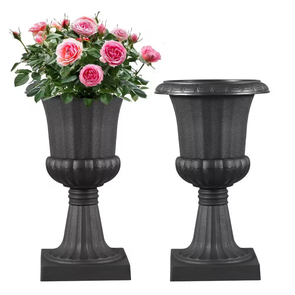 9.84 In. W X 16.54 In. H, Black Classic Plastic Urn Planters, Outdoor Flower Pot