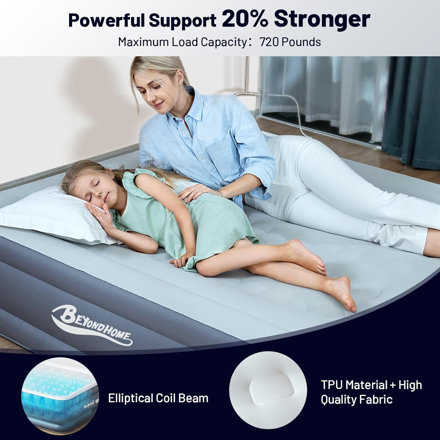 PVC-Free Air Mattress Queen with Built-in Pump, One Button Inflation & Auto Stop