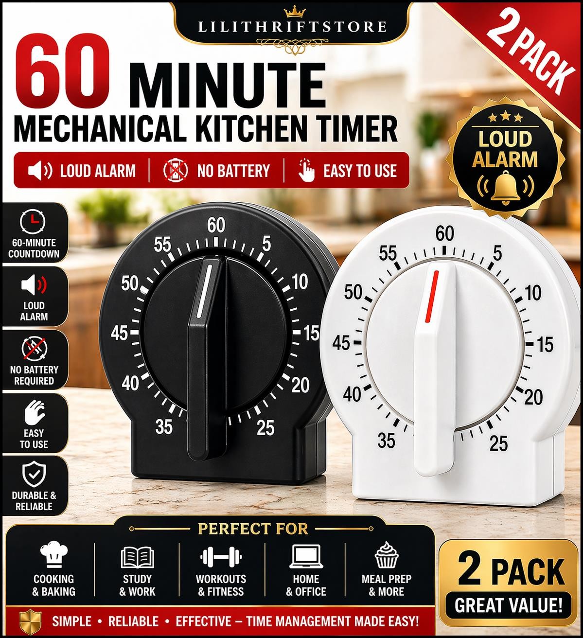 2 Pack Kitchen Timer 60 Min Loud Alarm Mechanical No Battery Easy Use