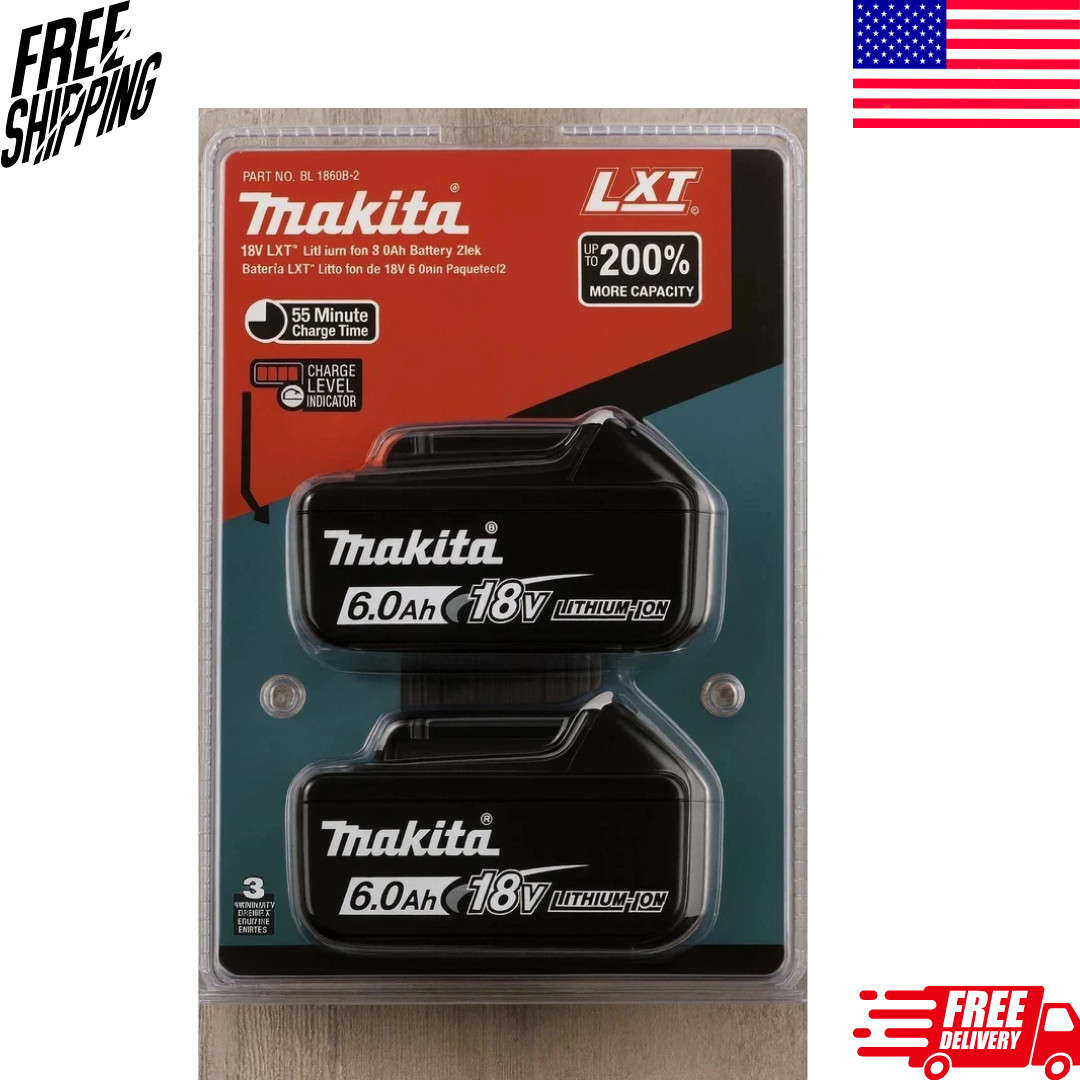 2 x Makita BL1860B-2 18V LXT Lithium-Ion 6.0 Ah Battery – New – USA SHIP