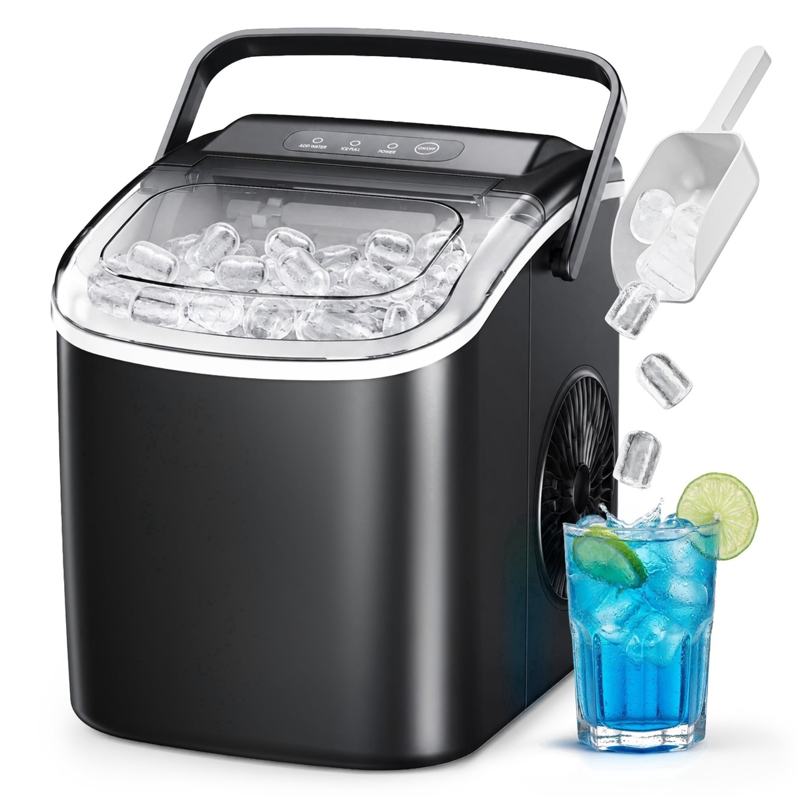 Simzlife 26 lbs/24H Countertop Ice Maker Machine, 9 Bullet-Shaped Ice in 6 Min