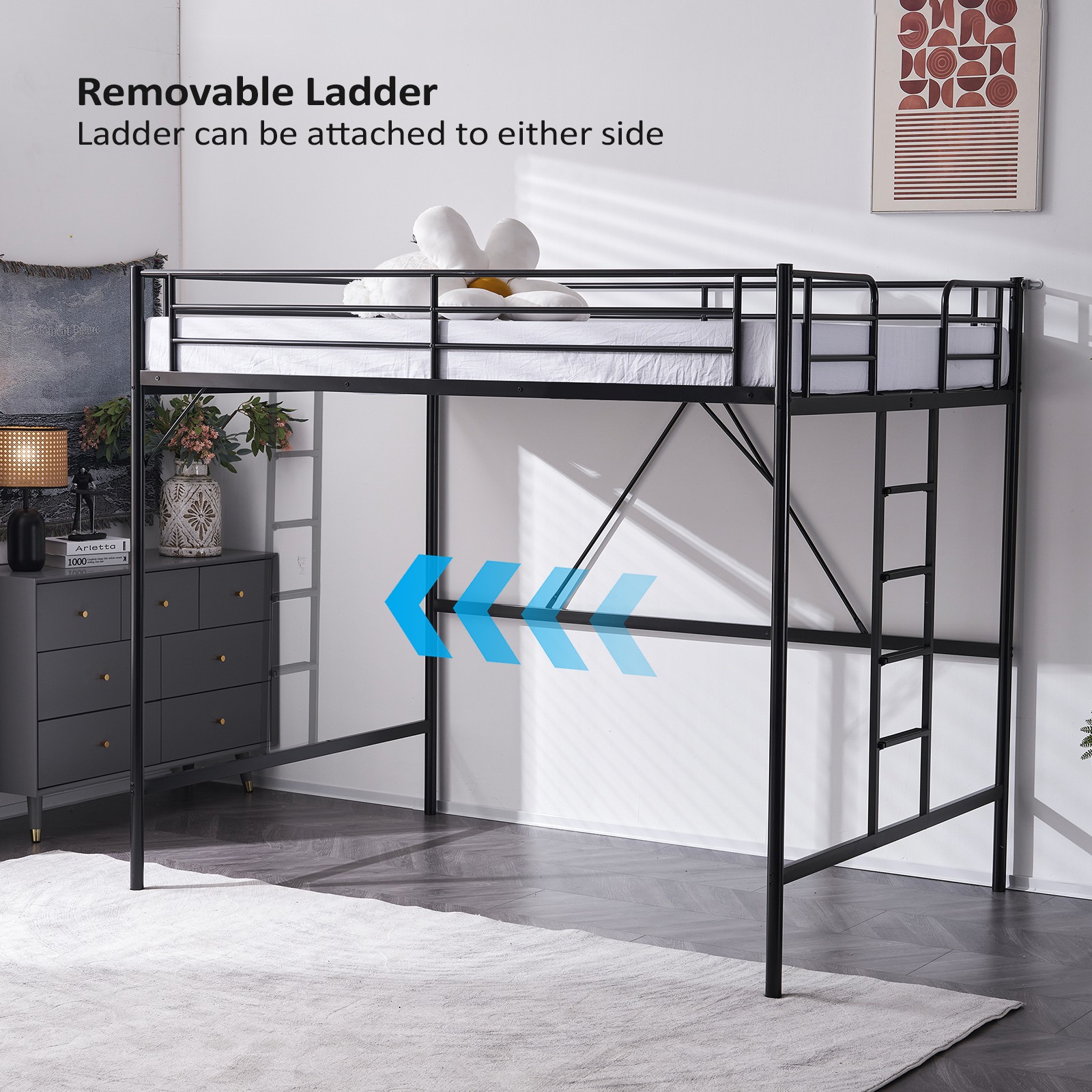 Metal Loft Bed with Built-in Ladders Loft Bed Full Size for Adults Kids Teens