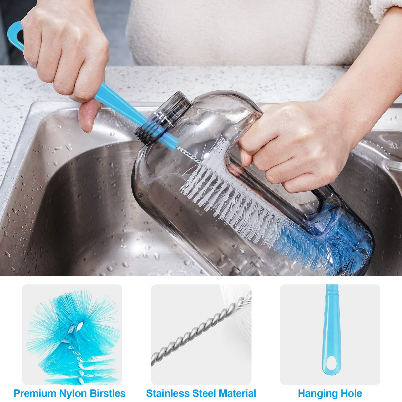 8PCS Long Handle Bottle Brush Set Plastic Cleaner Bottles Straws Cups Blue Green