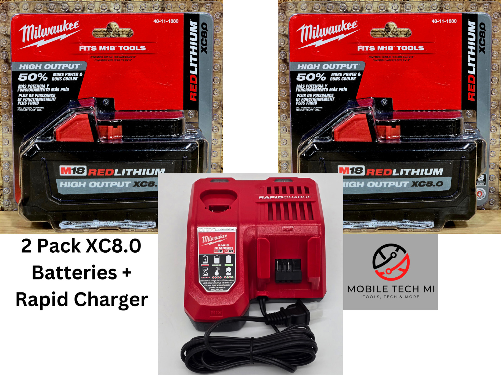 Genuine Milwaukee M18 2 Pack XC8.0 HIGH OUTPUT 8.0 Ah Battery w/ Rapid Charger