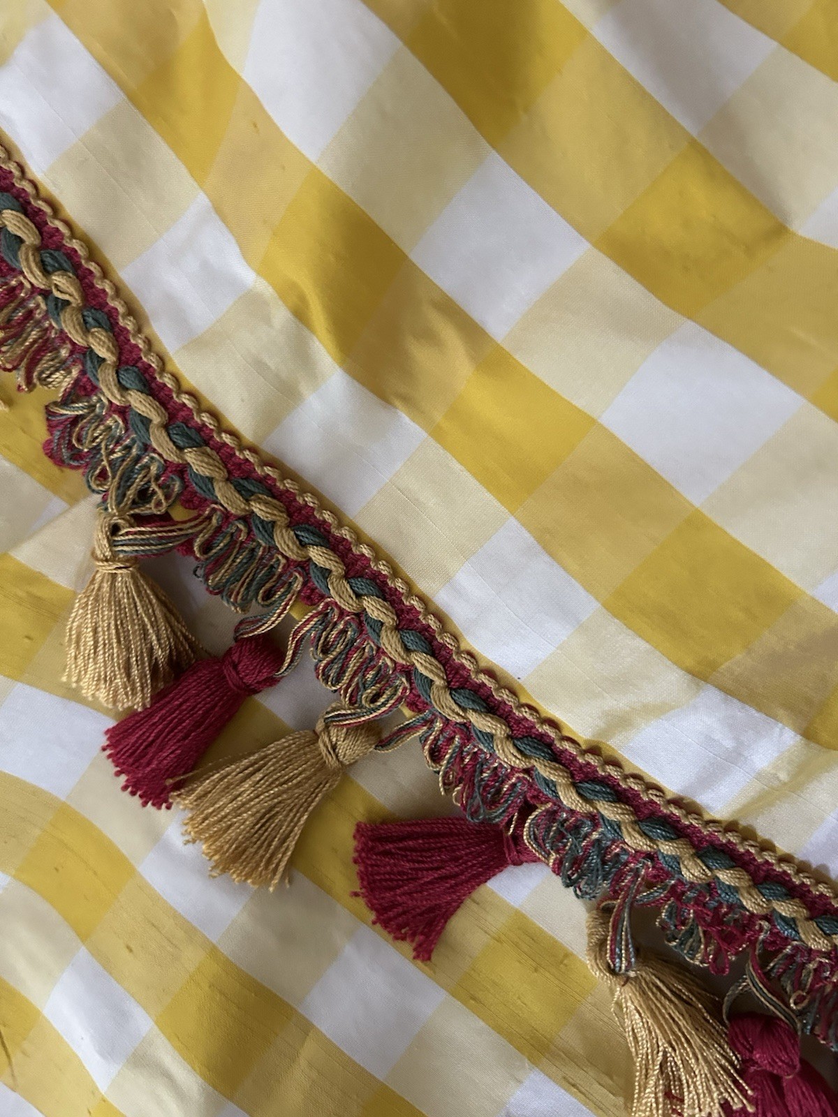 Pair Decorator Custom Made Striped Check Silk Taffeta Tassel Trim Lined
