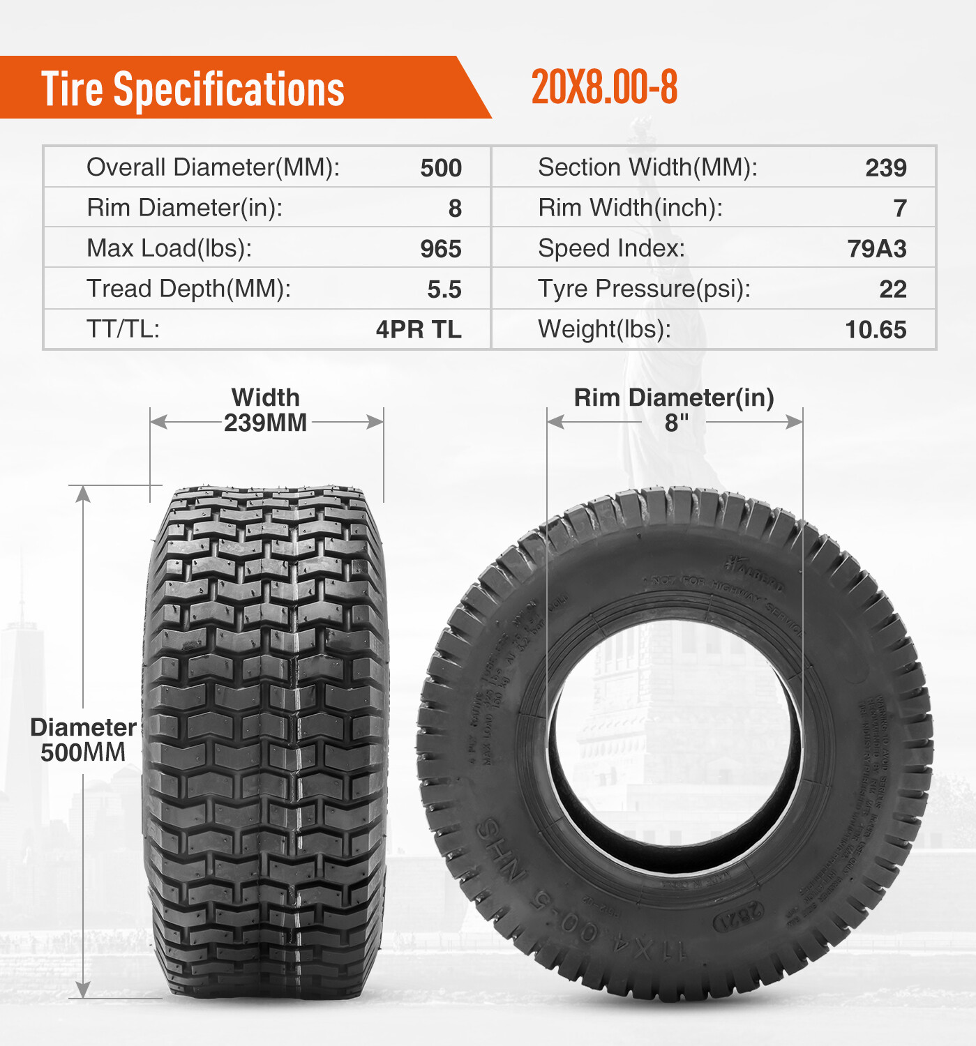 Set Of 2 20×8.00-8 Lawn Mower Tires 4Ply 20x8x8 Turf Friendly Tractor Tubeless