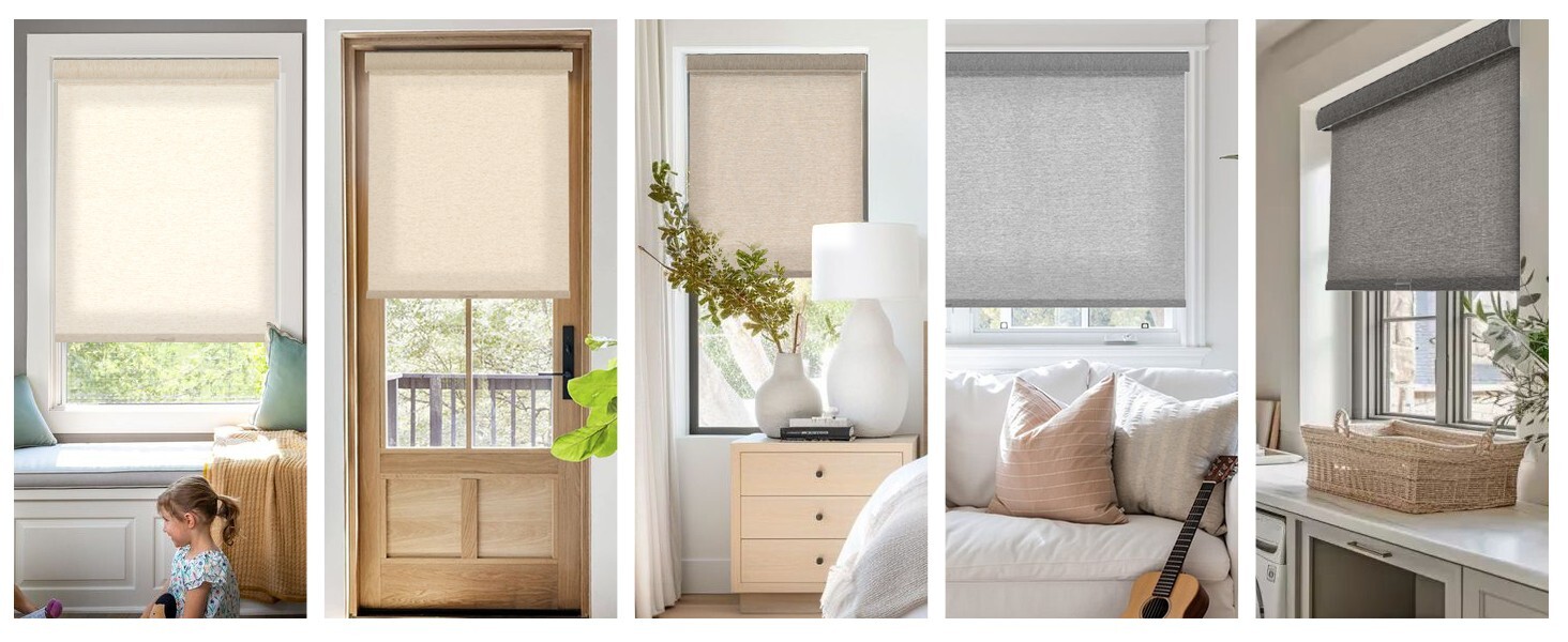 Blackout Motorized Cream Color Linen METechs Custom Size Cordless Roller Blinds