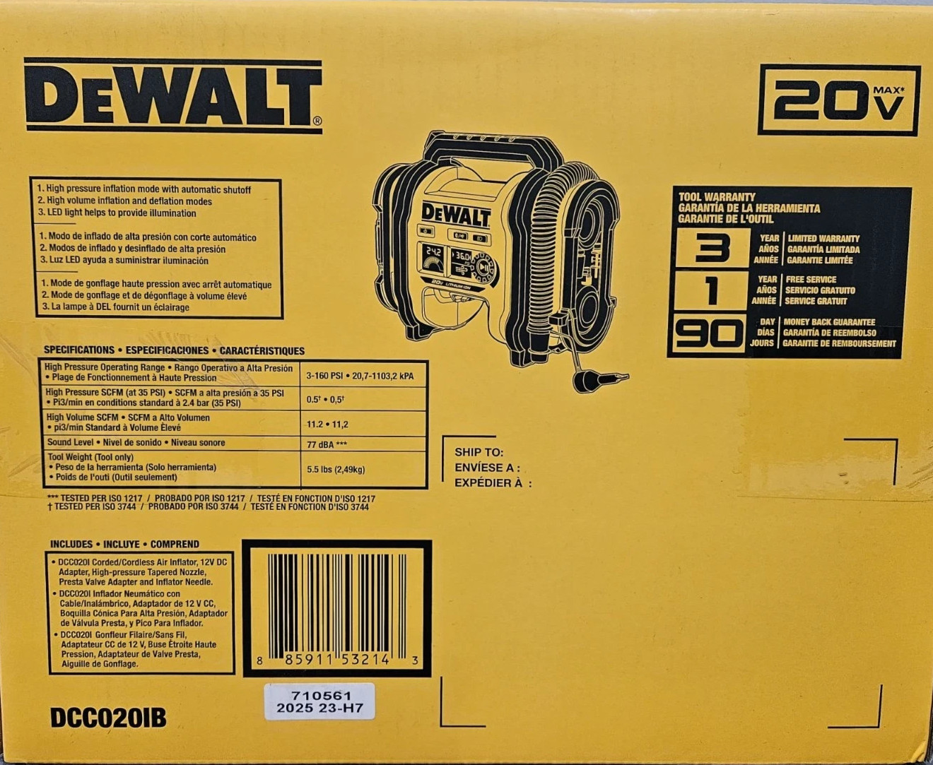 DeWALT DCC020IB 20V High-Pressure Corded Cordless Air Inflator 2025