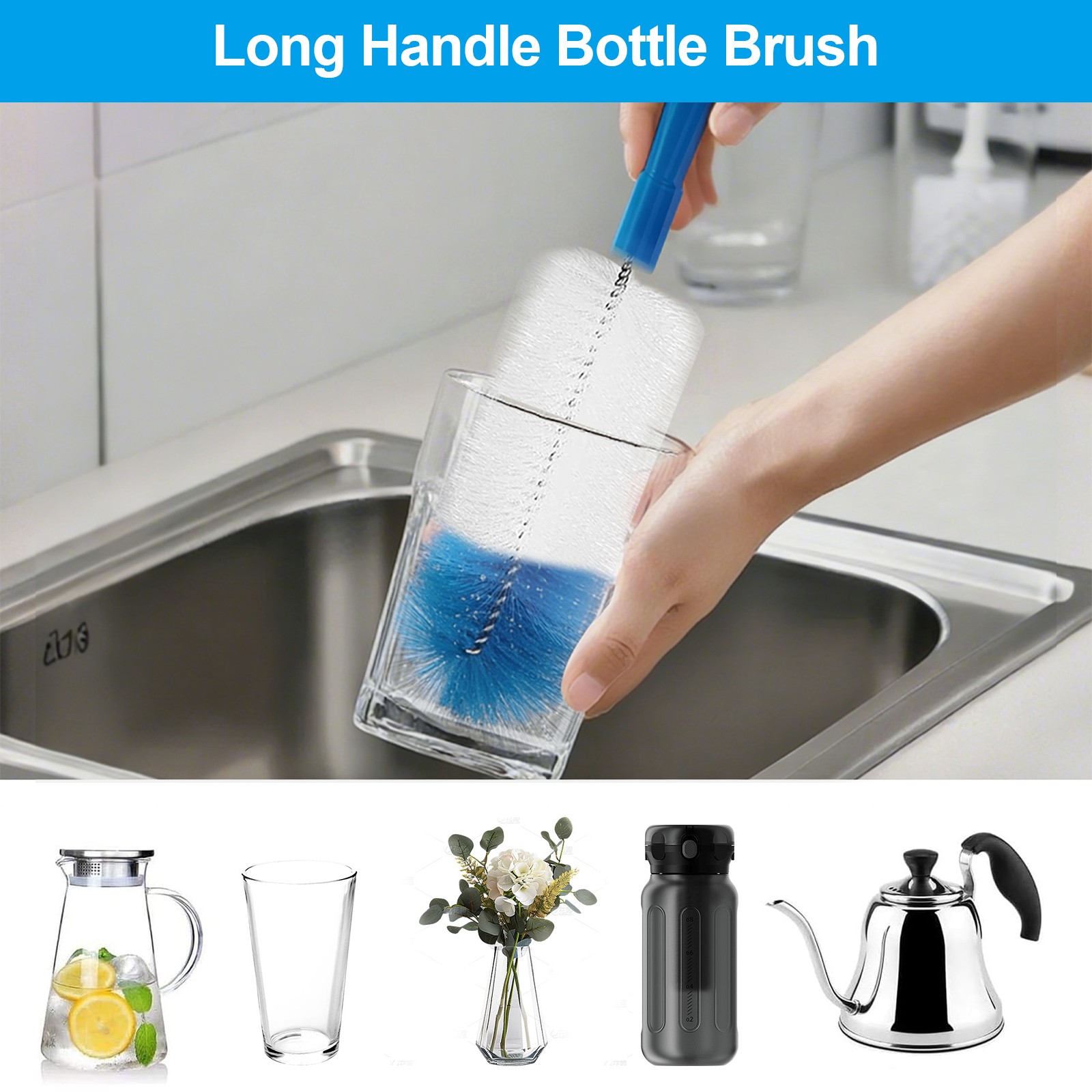 8PCS Long Handle Bottle Brush Set Plastic Cleaner Bottles Straws Cups Blue Green