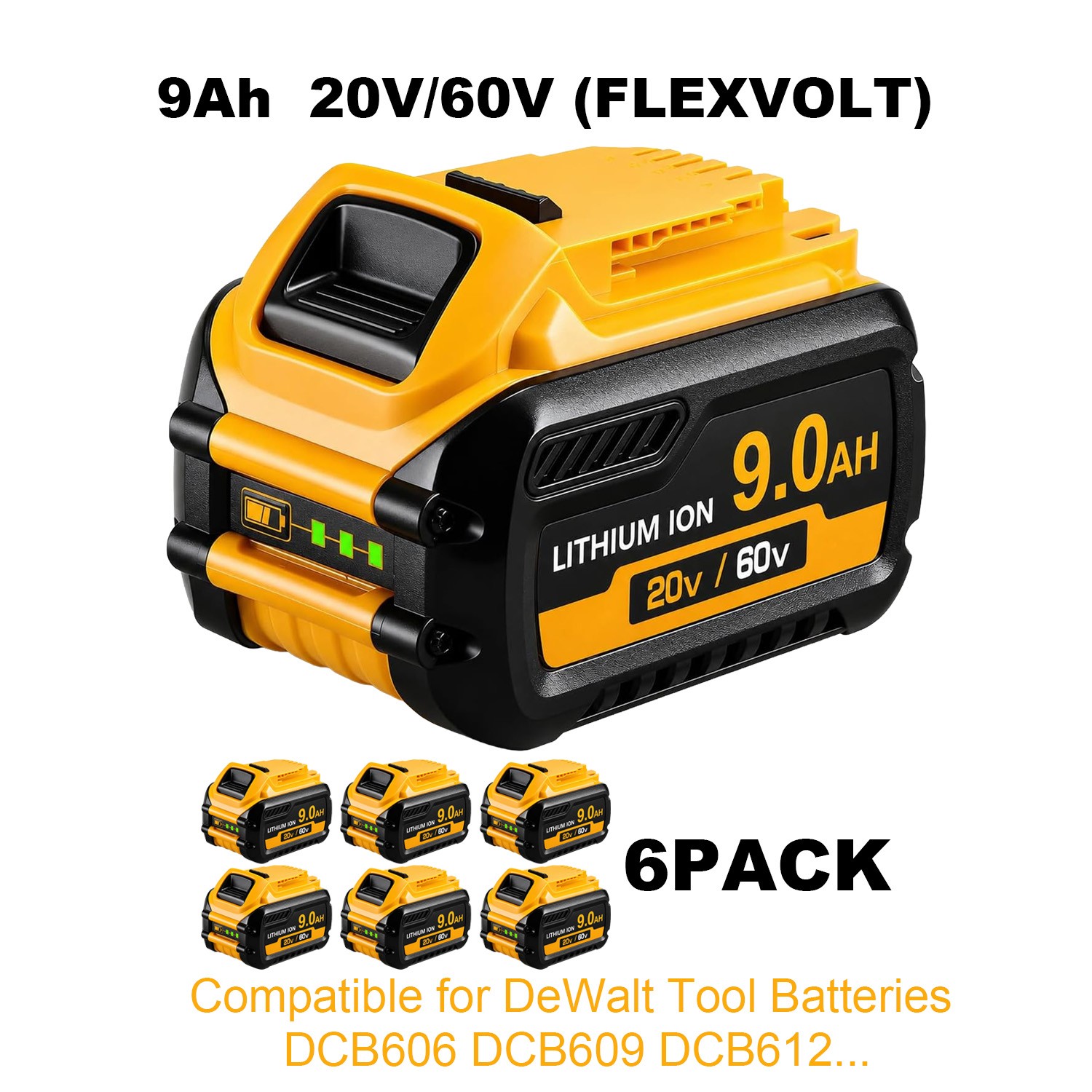 9Ah 6 Pack for DeWalt 20V MAX Tool Battery DCB609 612 606 High Capacity Li-Ion
