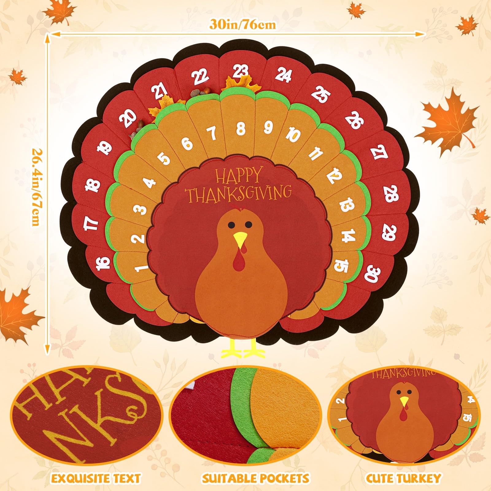 Thanksgiving Advent Countdown Calendar 30 Inch Fall Turkey Wall Decor 30 Days…