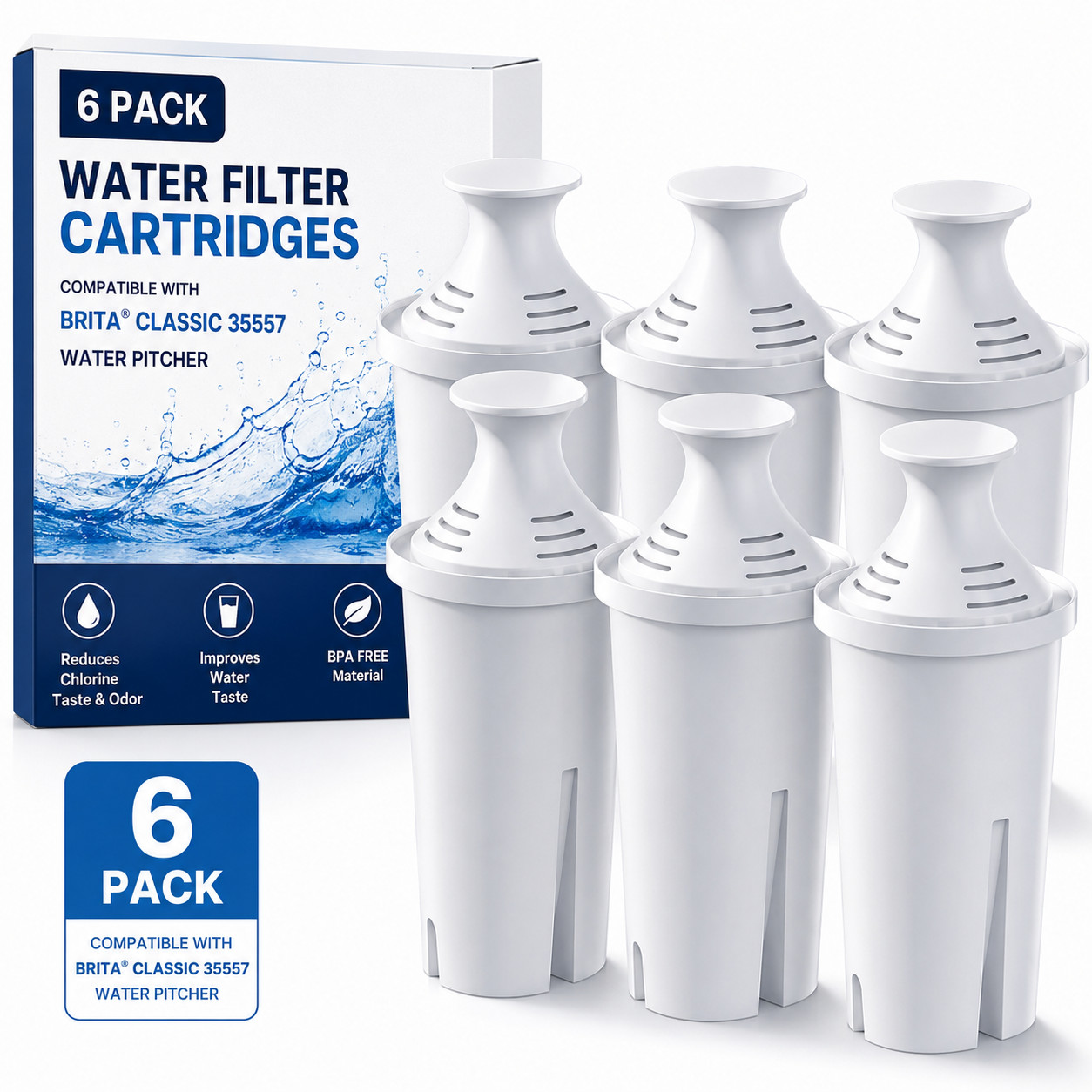 6 Pack Water Filter Cartridge, Replacement for Brita Classic, Mavea 107007