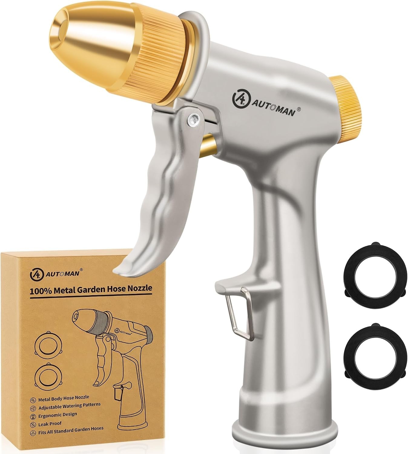 Garden Hose Nozzle High Pressure Metal Sprayer 4 Spray Patterns Heavy Duty