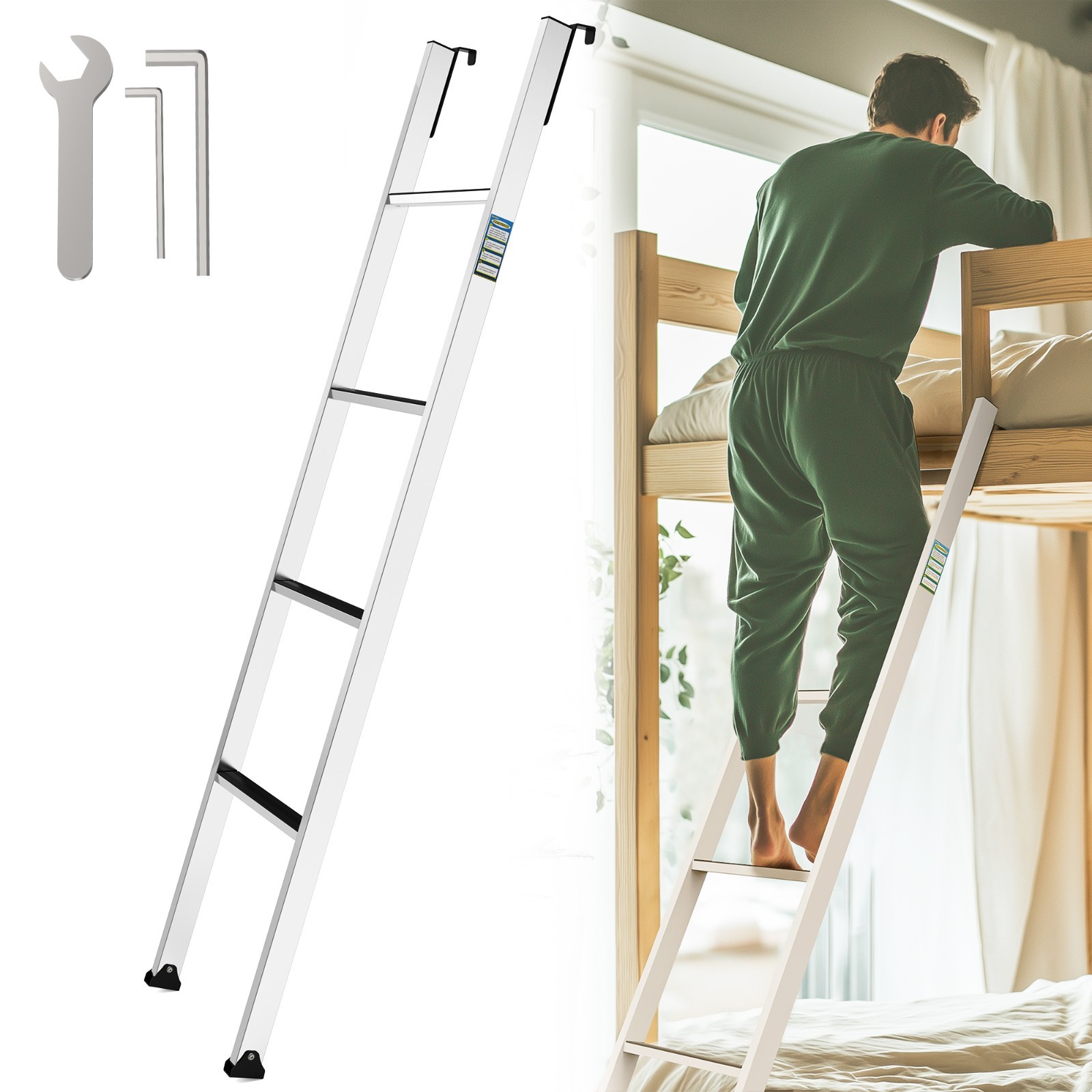 Integrated Step Ladder with 57″-61″ Height Range，bunk Ladder with 1.2″ Hooks