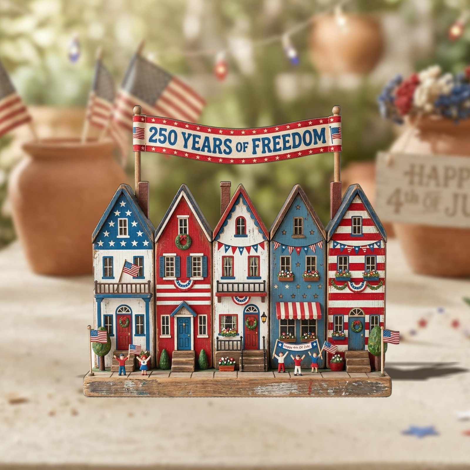 250 Years Freedom 2D FLAT Wooden Block Decor, Patriotic Village Display