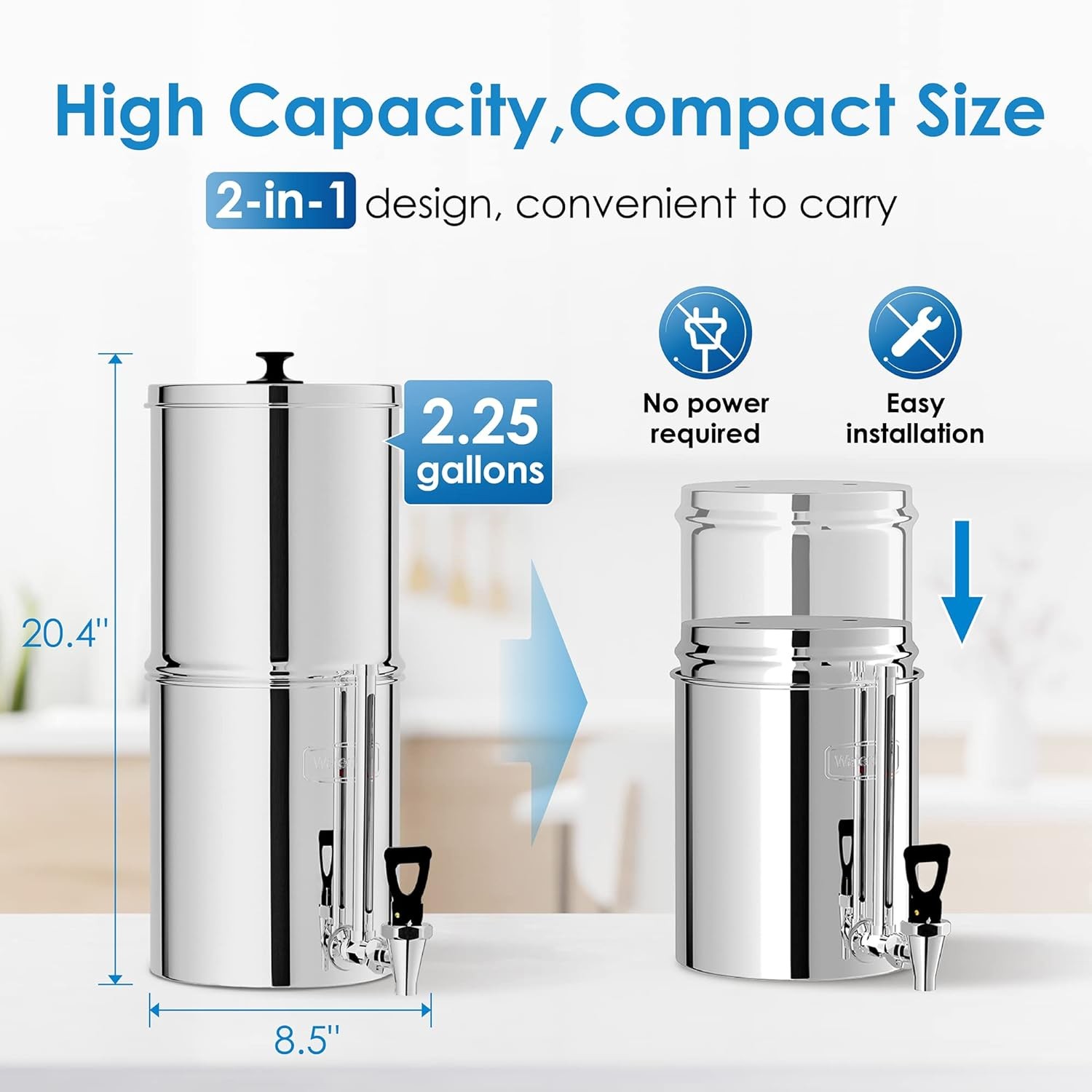 Waterdrop Gravity-fed Water Filter System, with 4 Filters, 2.25G Stainless-Steel