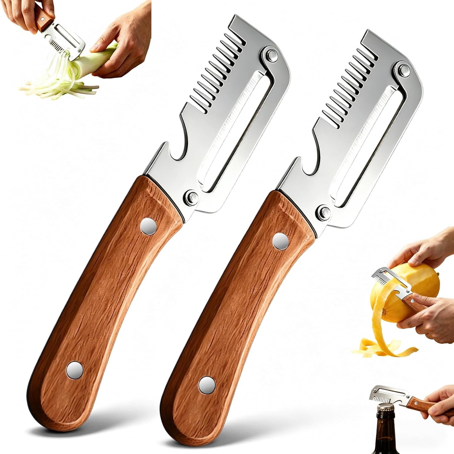 2 PCS 3-in-1 Multifunctional Vegetable Peeler with Wooden Handle,Julienne Slicer