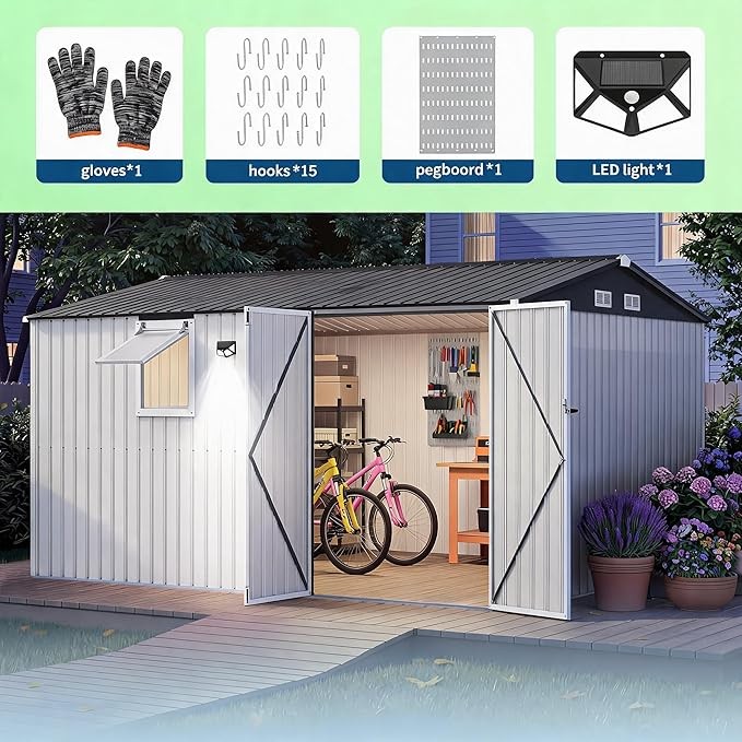 Garvee 10x12ft Outdoor Storage Shed Metal Lockable Doors Windows Heavy Duty Lawn
