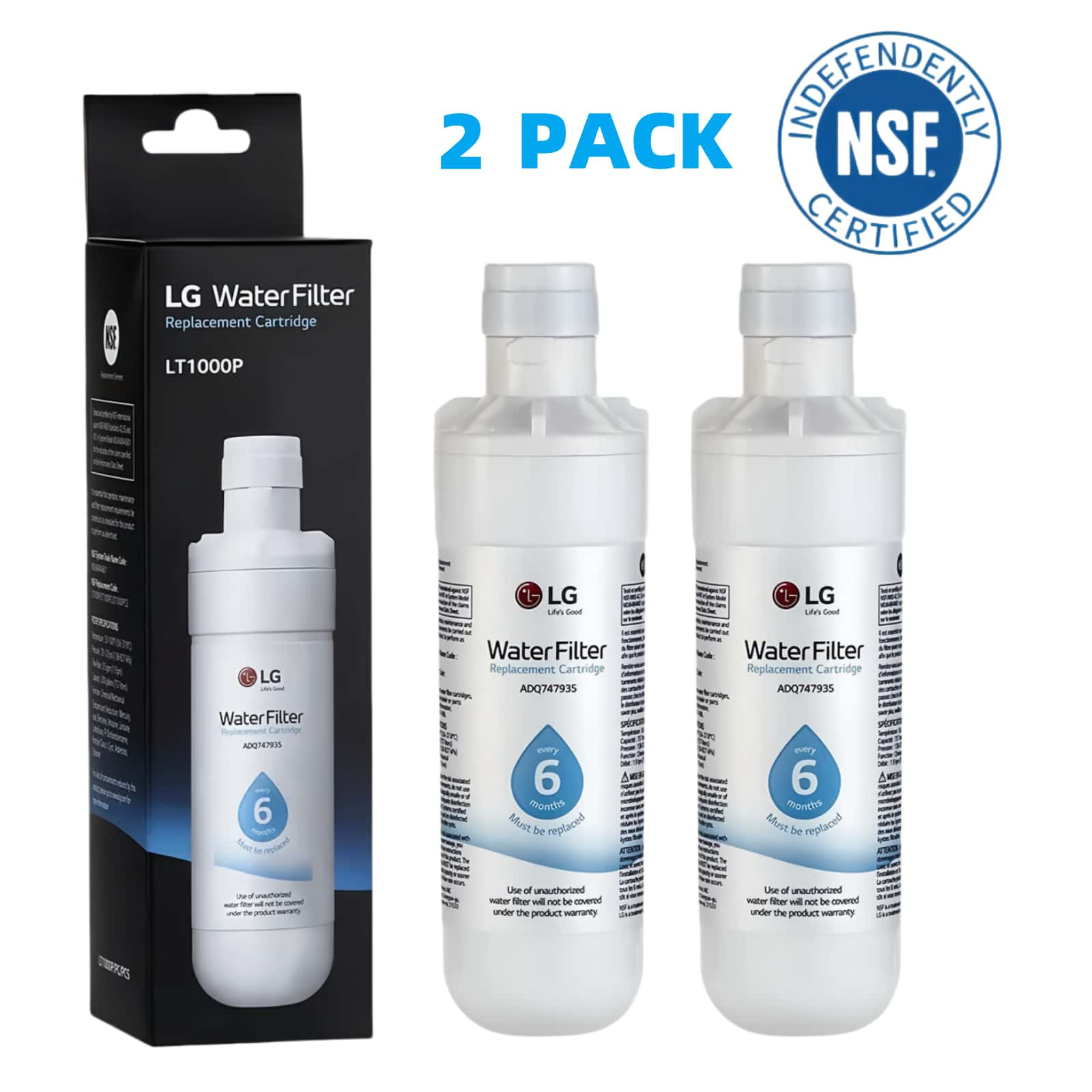 2 Pack LG LT1000P Refresh Refrigerator Ice Water Filter ADQ747935 GF-D706BSL US