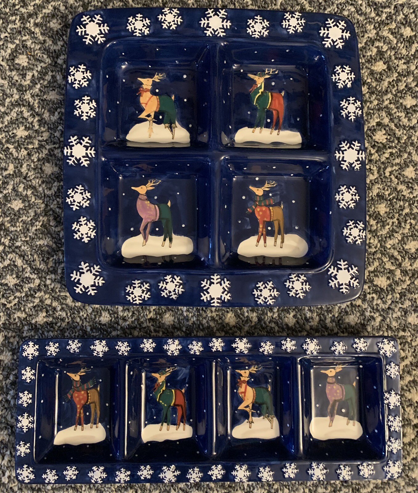 CIC Certified International Rebecca Ruegger Ceramic Reindeer Christmas Tray Set