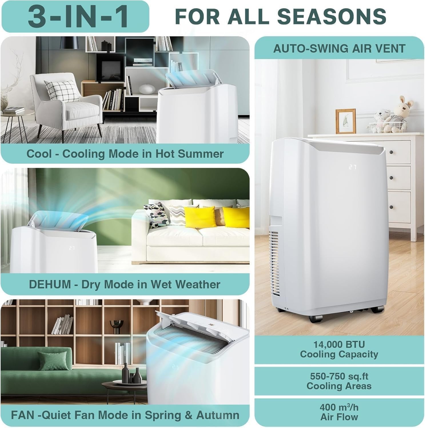 14000 BTU Portable Air Conditioner Heater Dehumidifier 4-in-1 750 Sq Ft AC