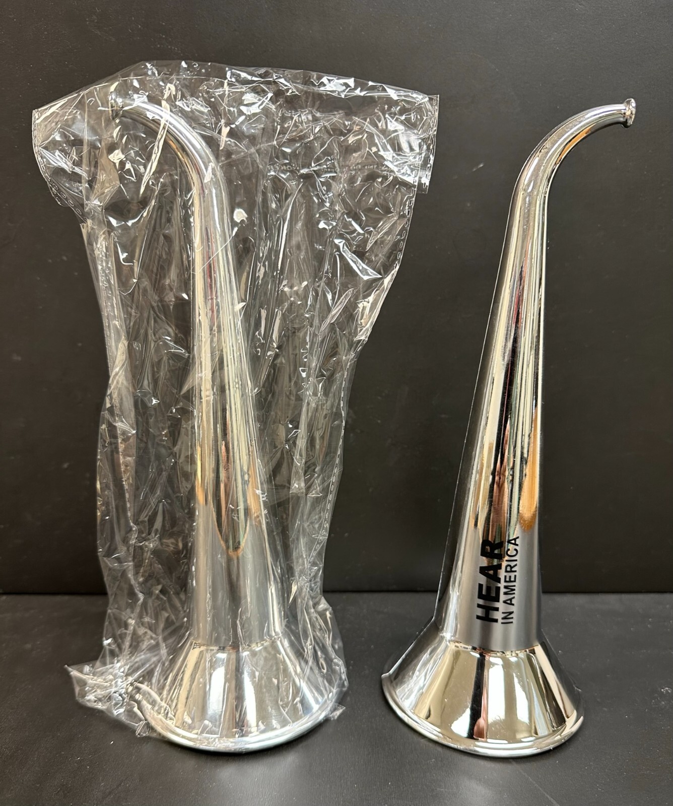PAIR of REPRODUCTION PLASTIC EAR HORNS BUGLES TRUMPETS HEARING AID – New In Bag 