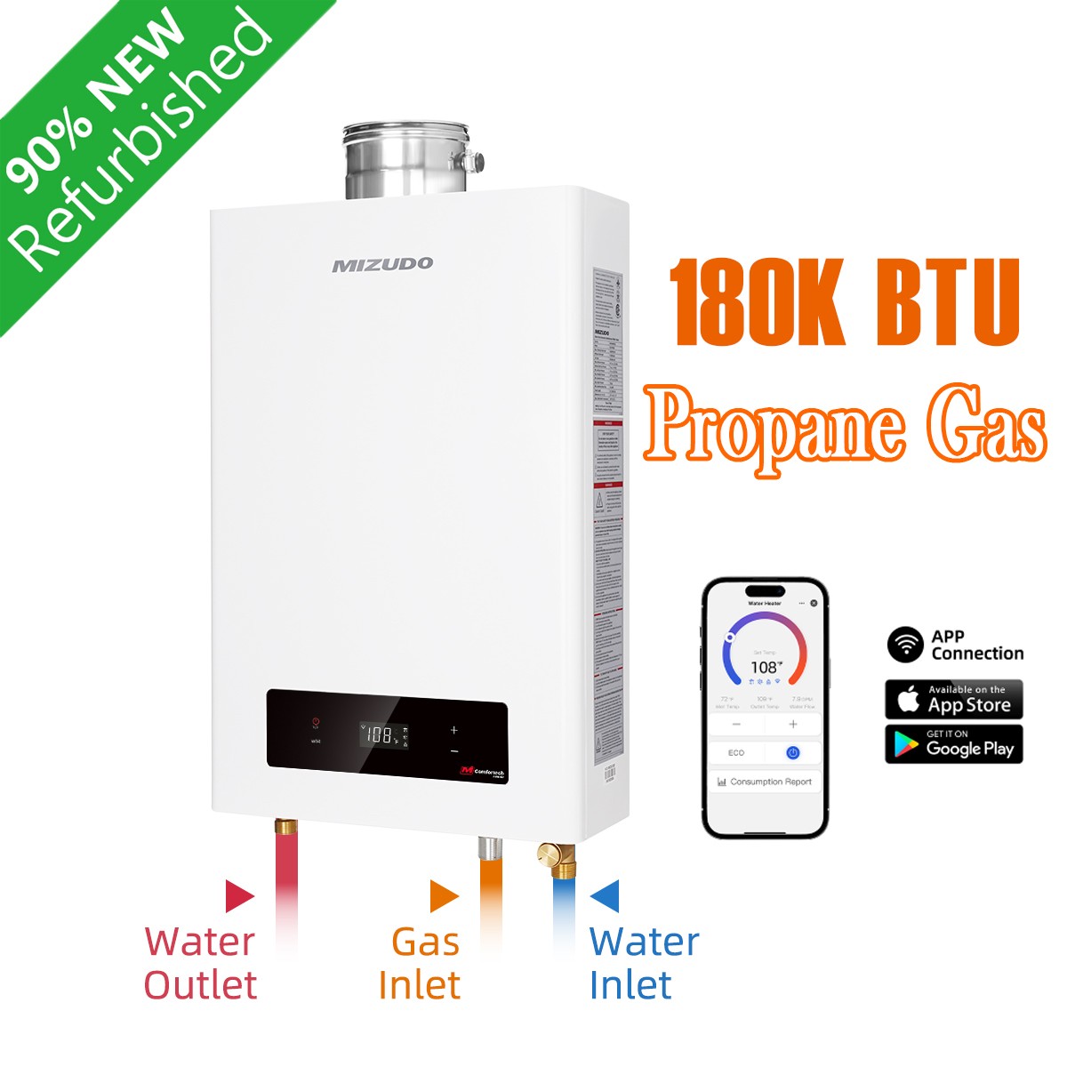 180K BTU Tankless Water Heater LPG WIFI Control Non Condensing Water Heater