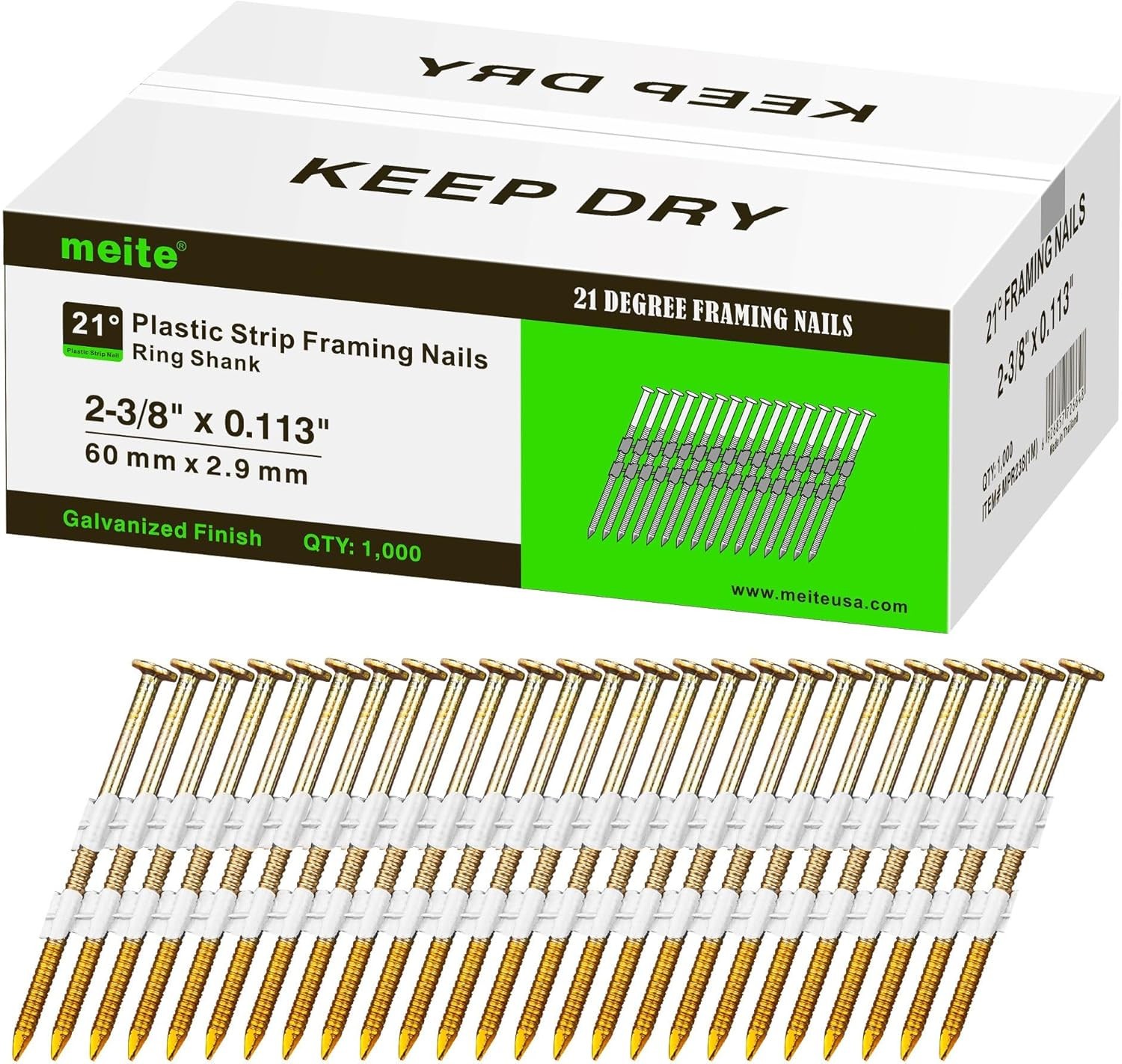 1,000 Counts meite 2-3/8 inch 21 Degree Framing Nails Galvanized Ring Shank