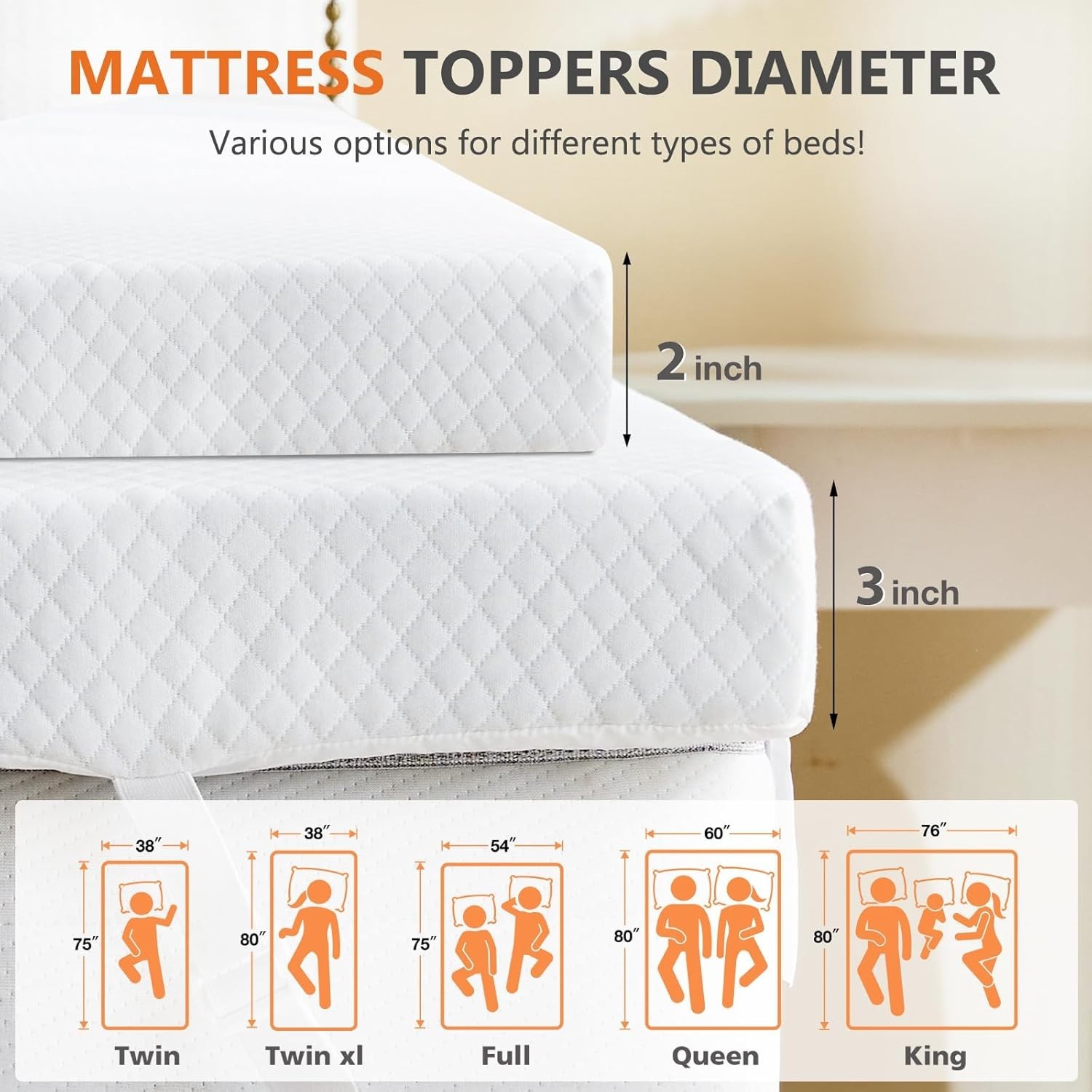 DUMOS HOME Comfy Memory Foam Mattress Topper w/Removable Cover&Elastic Straps