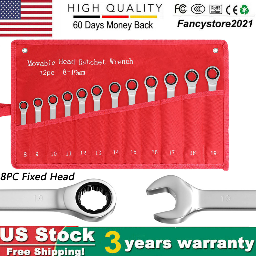 12Pc 8-19mm Metric Fixed Head Ratcheting Wrench Combination Spanner Tool Set