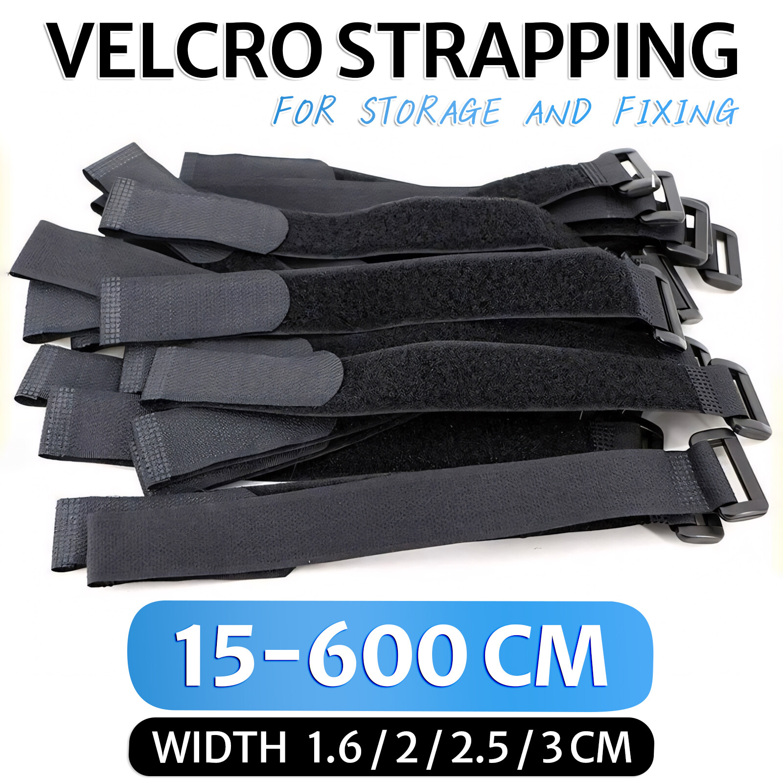 Black Hook and Loop Heavy Duty Strap Strapping Cable Ties with Buckle 15cm-600cm