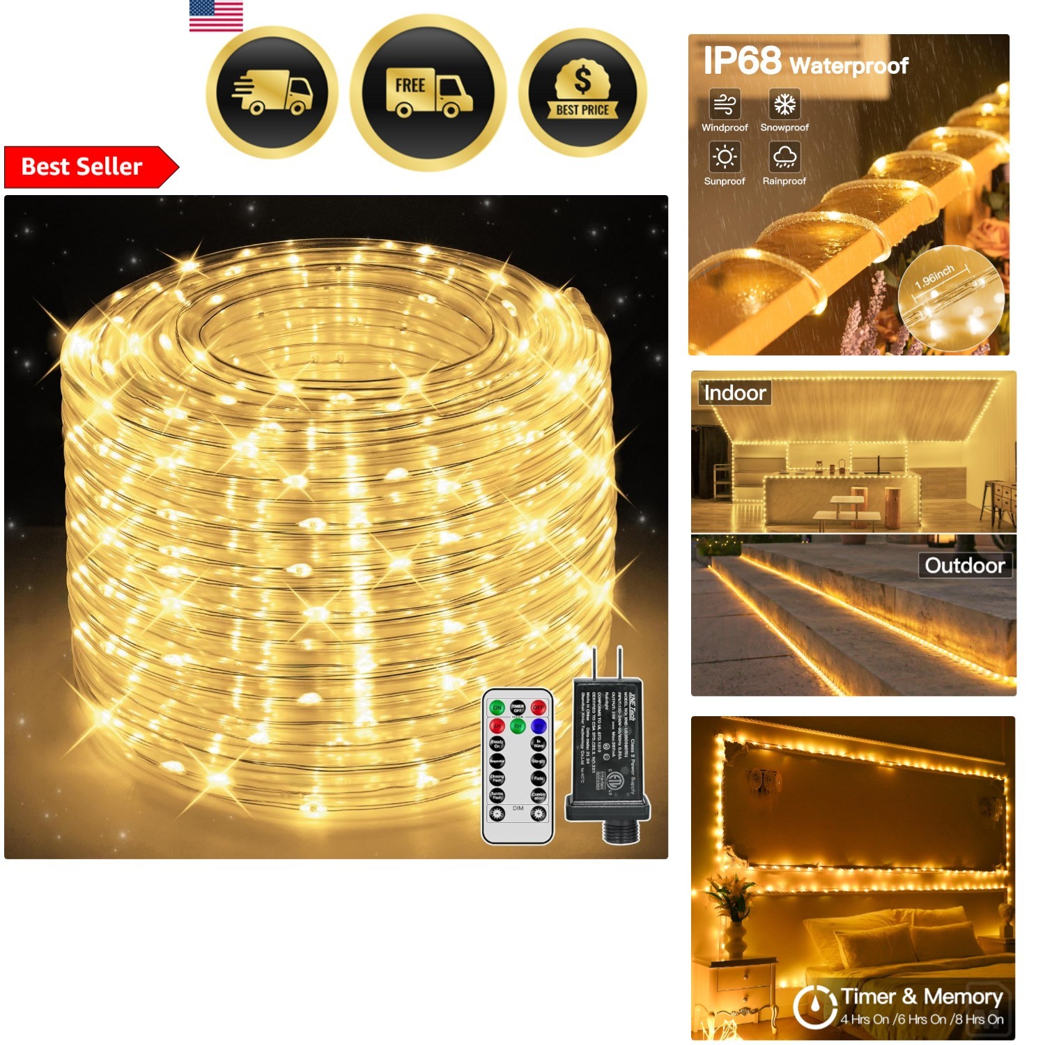 LED Rope Lights 50ft Waterproof Outdoor Indoor Dimmable Remote Decor