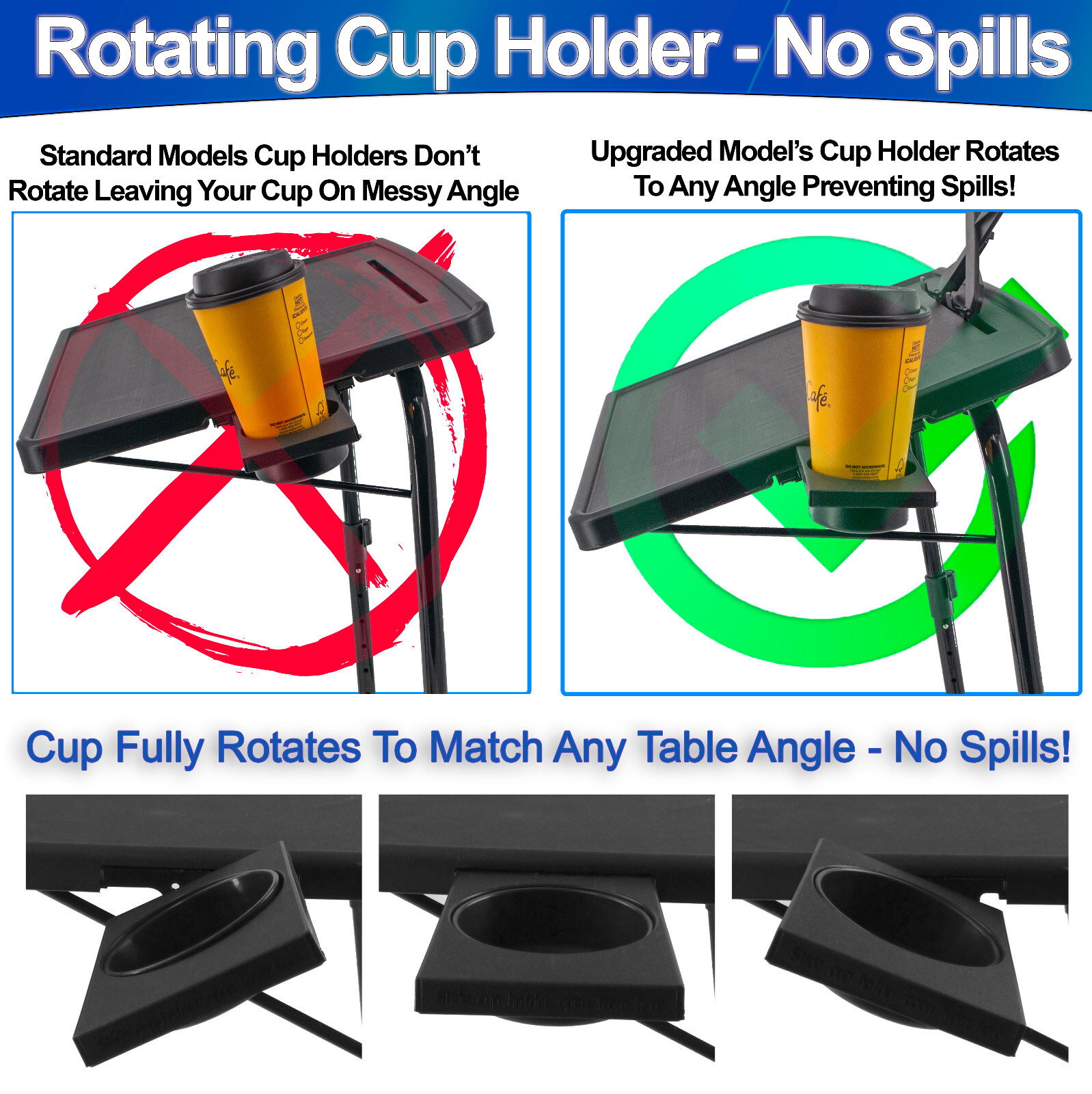 TV Table Tray Folding XL Portable, Sturdy Rotating Cup Holder Tablet Book Stand