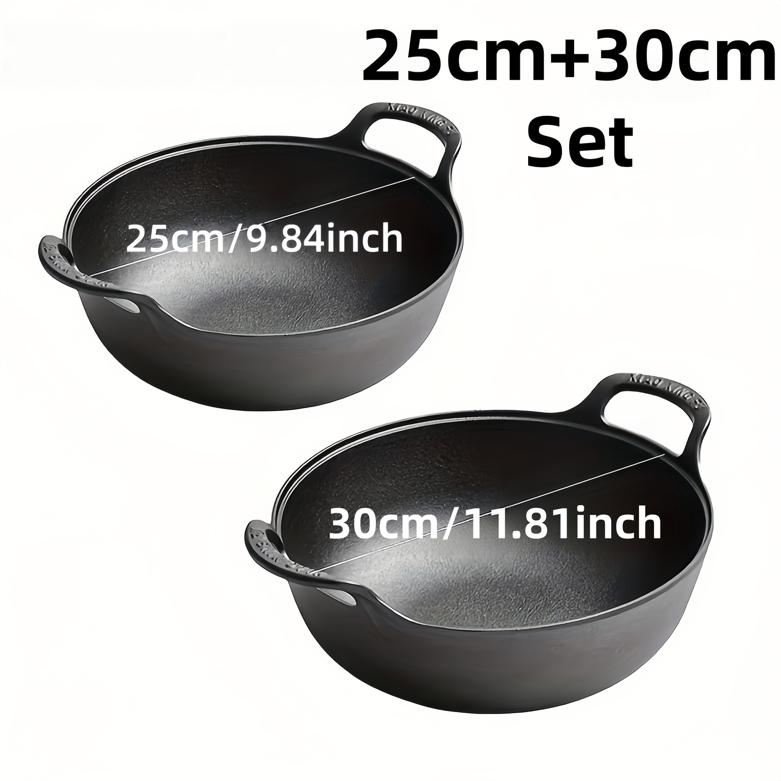 2-Piece Heavy-Duty Cast Iron Wok Set, 9.84in & 11.81in Traditional Uncoated