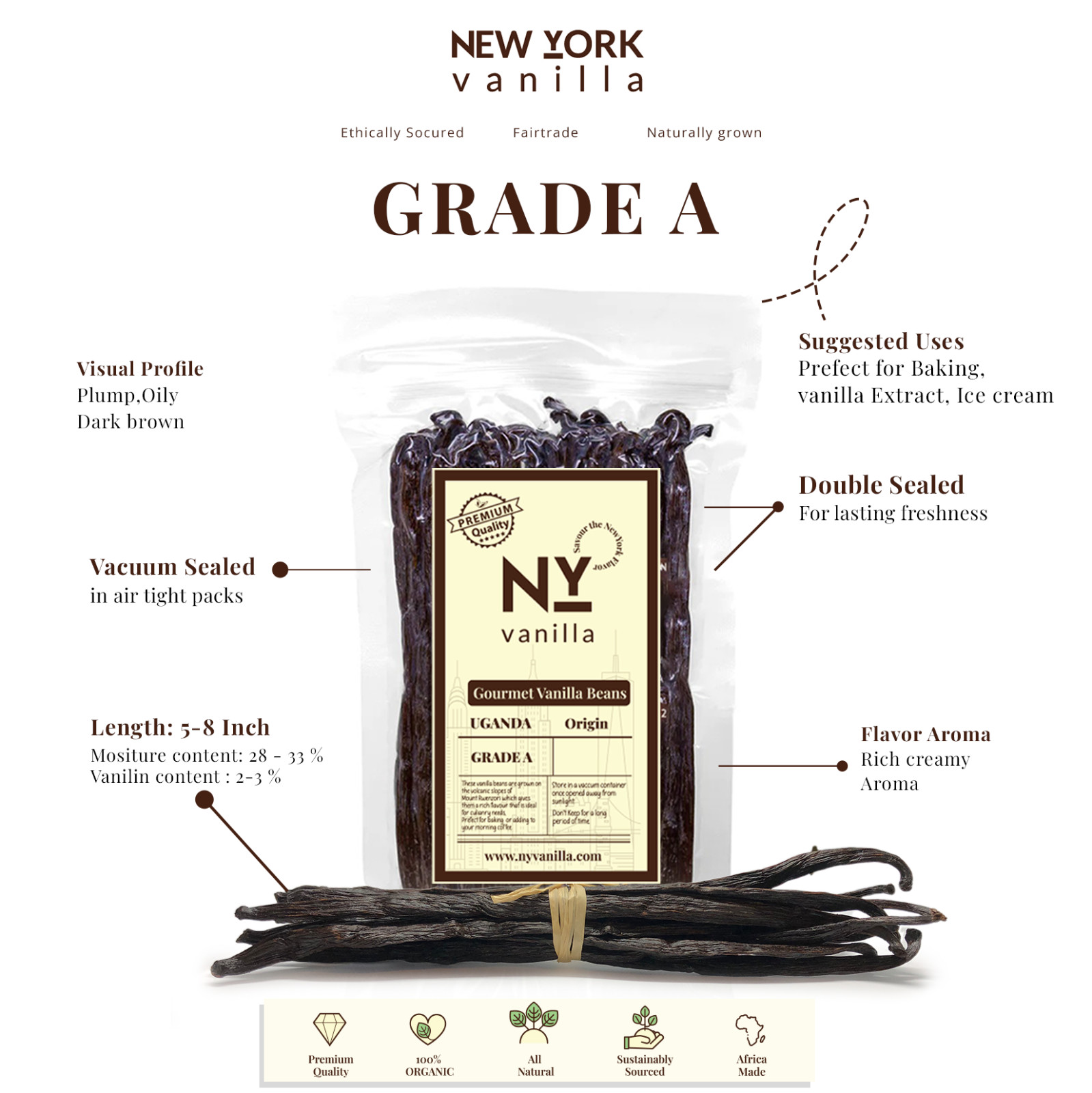 Fresh Organic Vanilla Beans Grade A 5′- 8′ – Bulk Vanilla Pods and Vanilla Cuts.