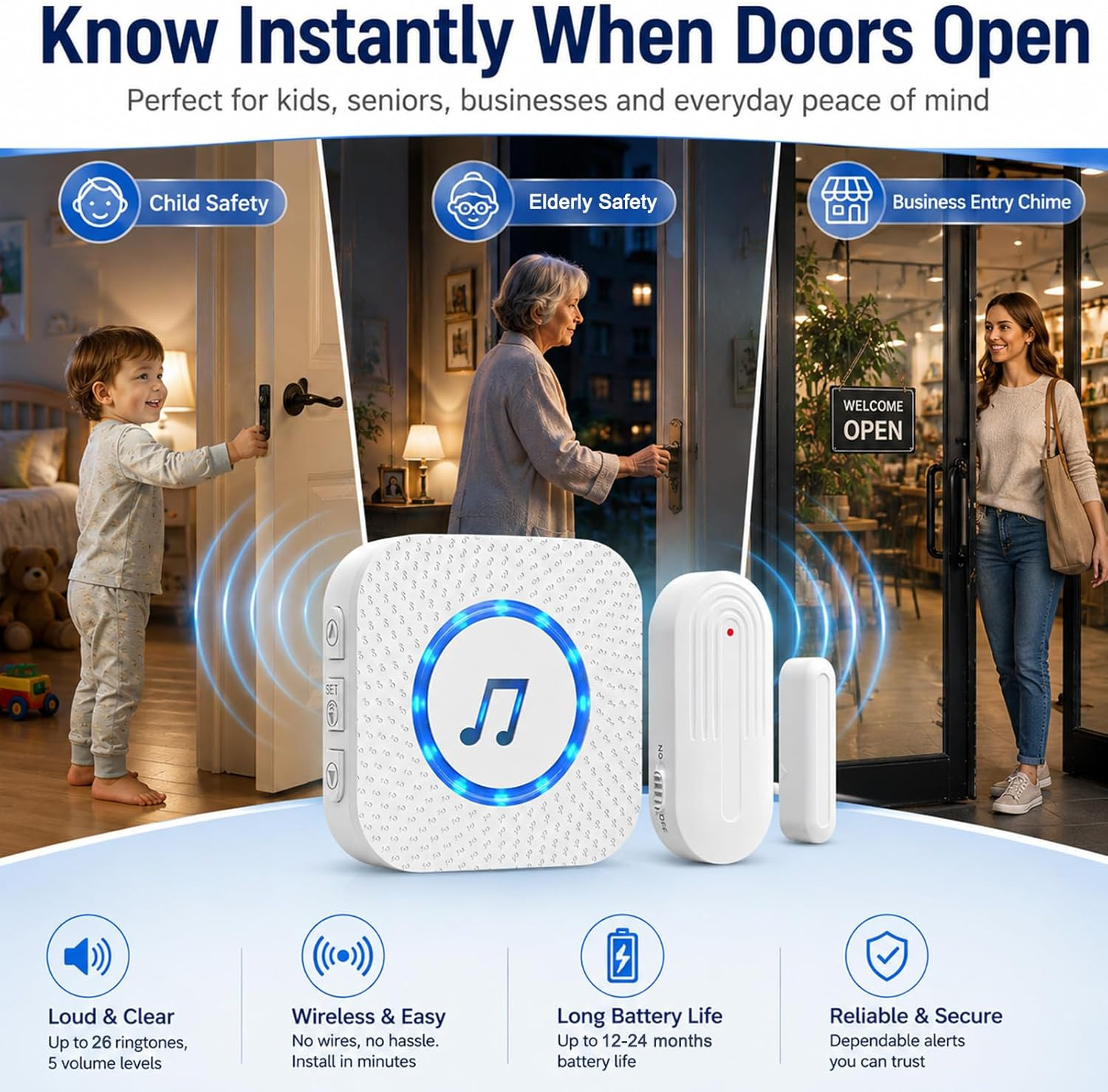 Door Chime, Door Open Contact Sensor Alarm with 500 FT Range,26 Chimes 5 Adjusta