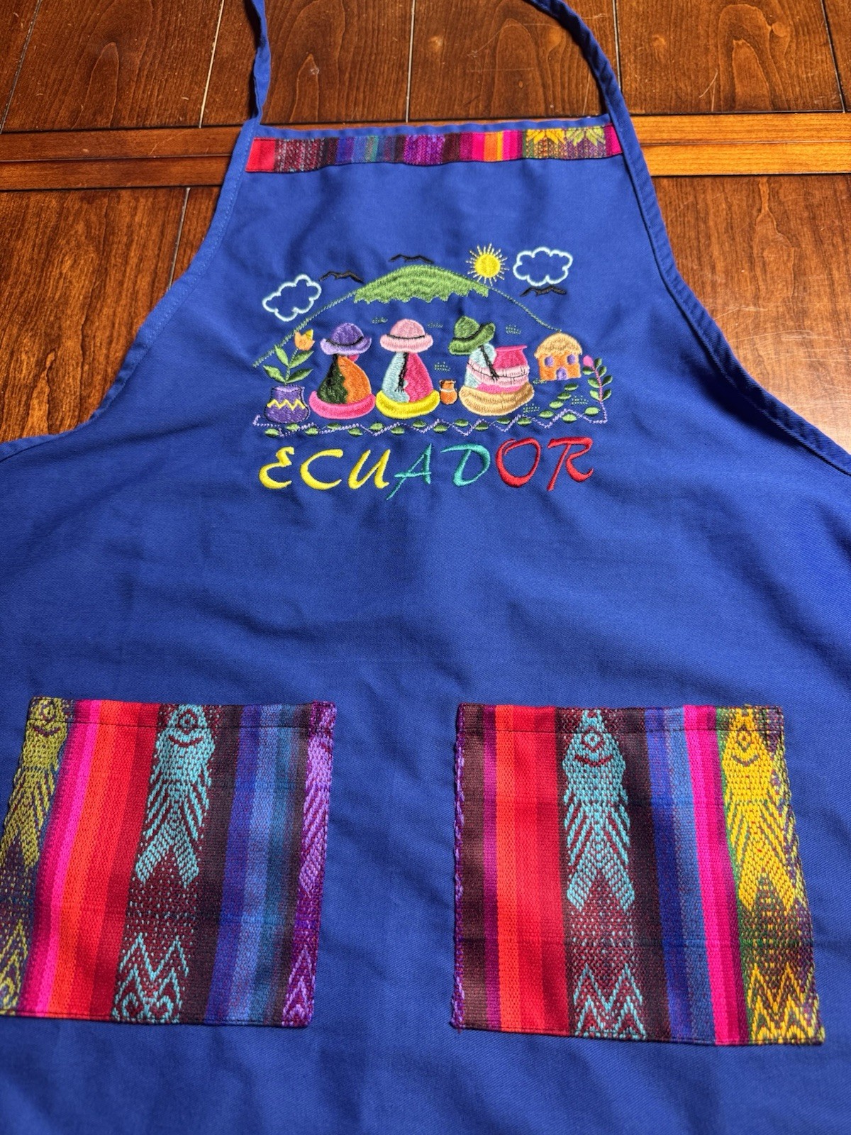 Ecuador Embroidered Apron Blue Andean Folk Art Woven Pockets Latin American