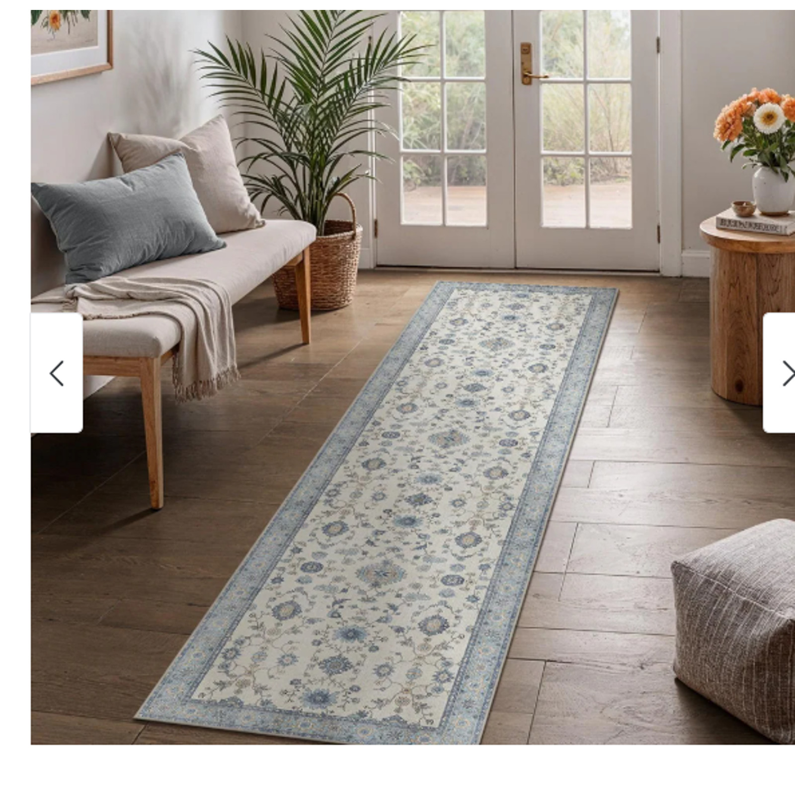 Low Pile Runner Rug, 2x10ft, Abstract, Machine Washable- Vintage Floral Blue
